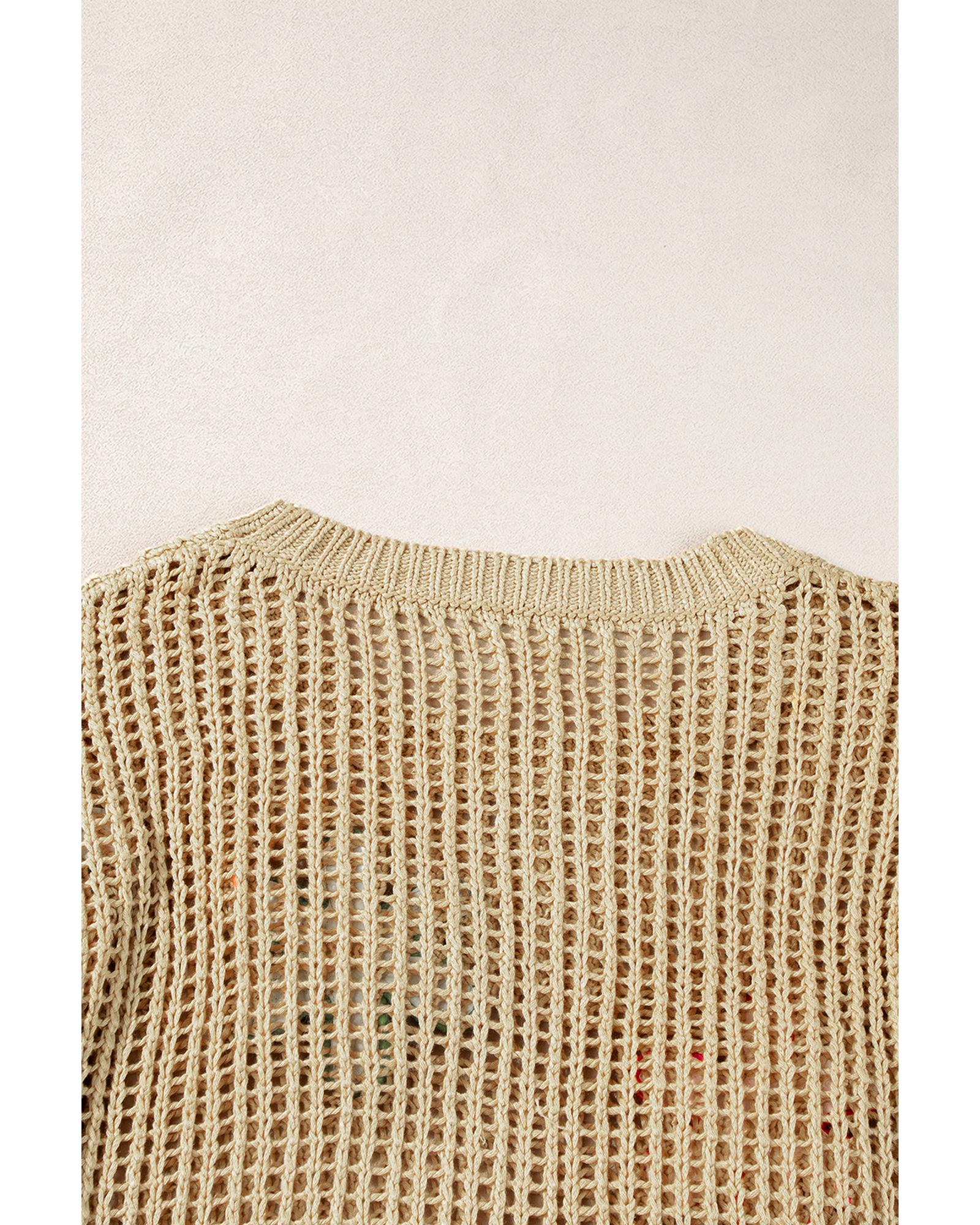 Light French Beige Crochet Flower Hollow-out Sweater T Shirt - S 5