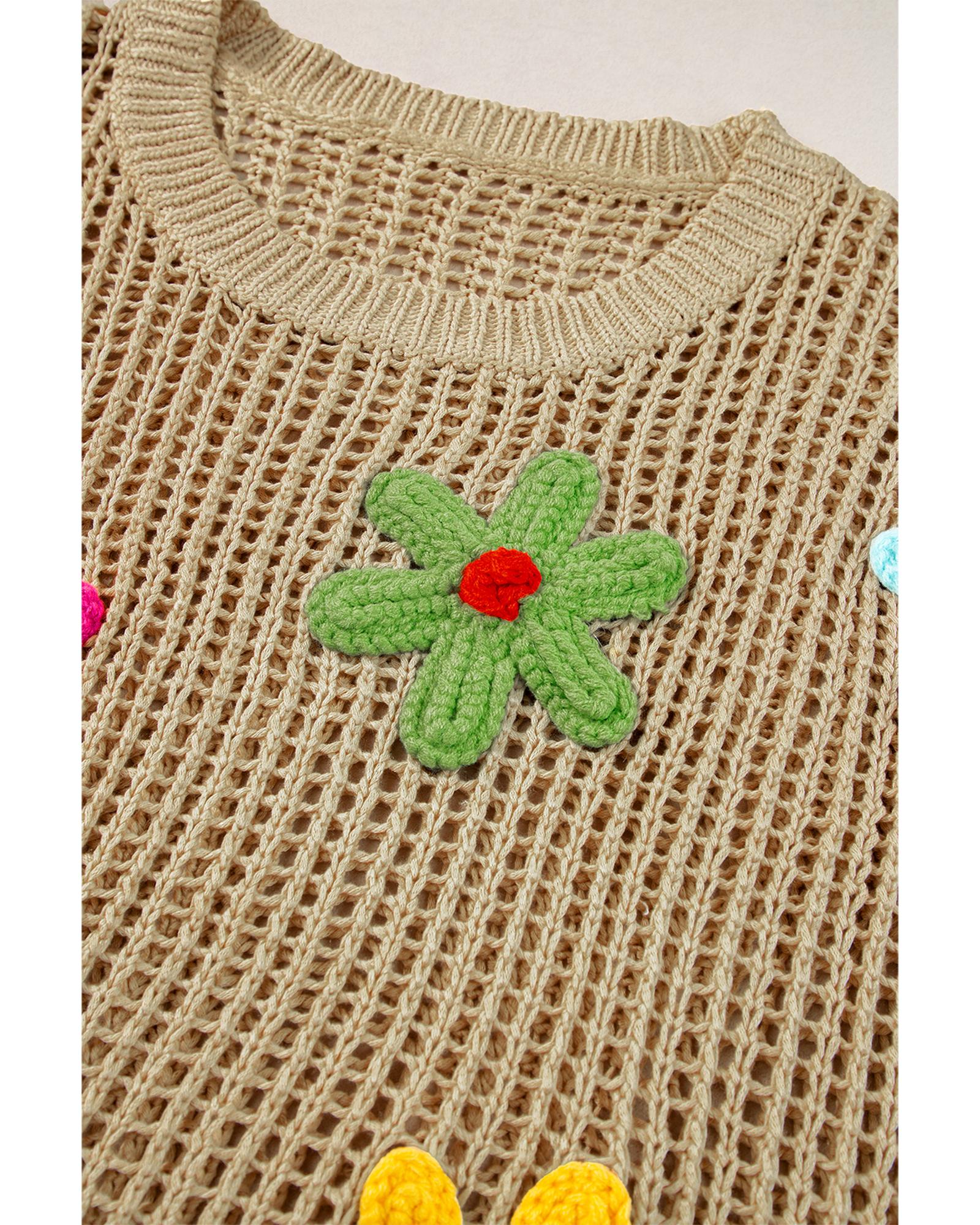 Light French Beige Crochet Flower Hollow-out Sweater T Shirt - XL 7