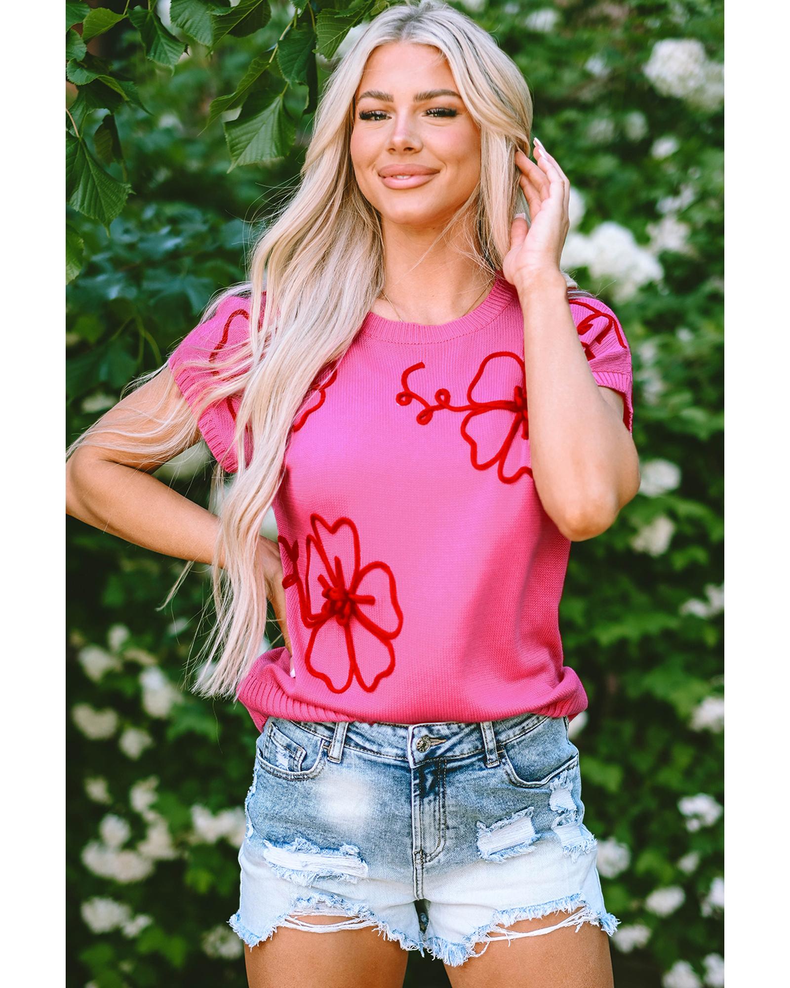 Bright Pink Flower Embroidery Short Sleeve Knitwear Top - L 3