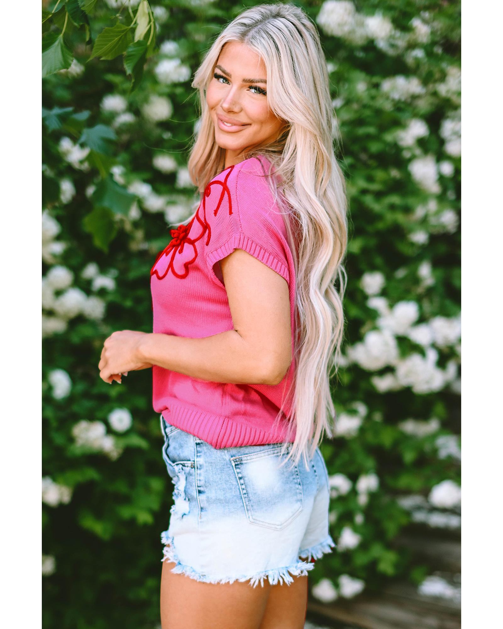 Bright Pink Flower Embroidery Short Sleeve Knitwear Top - L 4