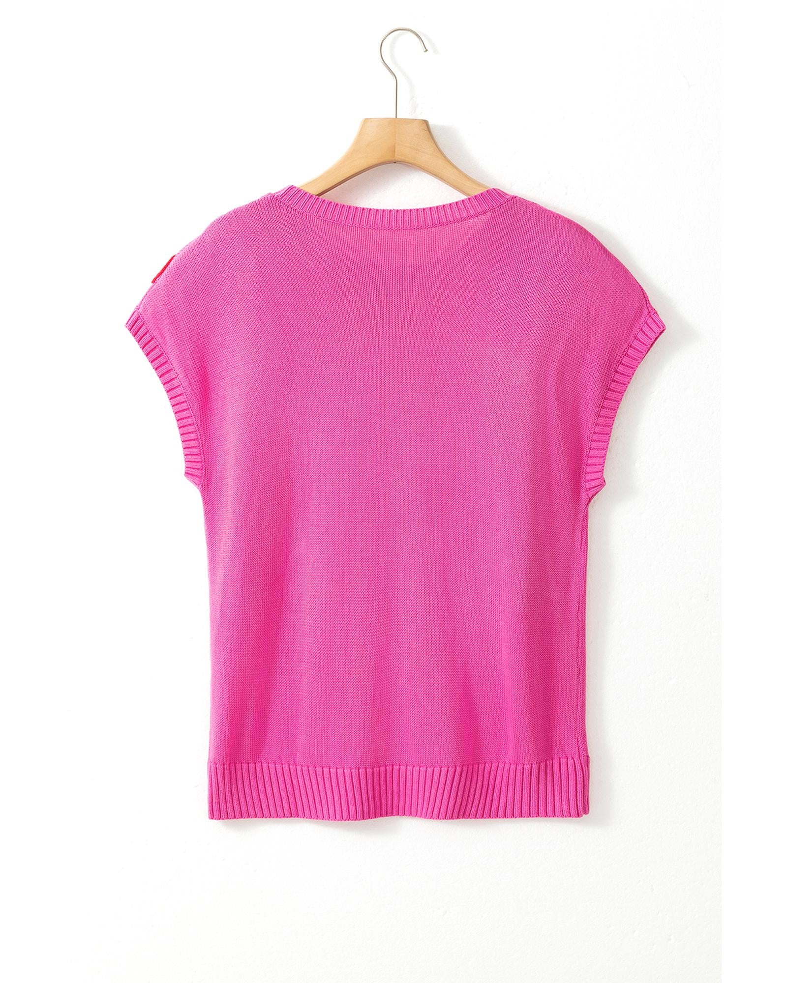 Bright Pink Flower Embroidery Short Sleeve Knitwear Top - L 5