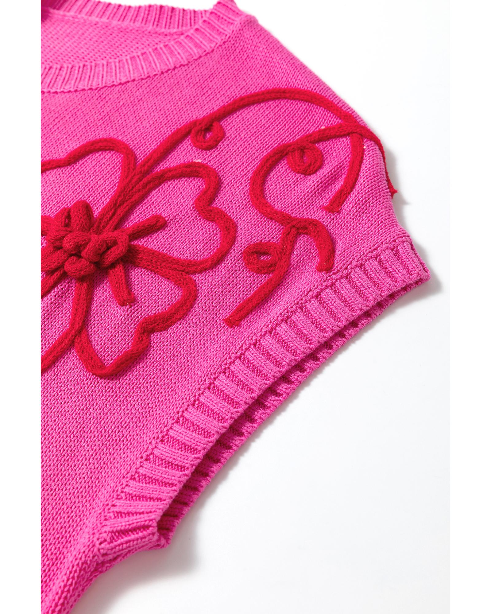 Bright Pink Flower Embroidery Short Sleeve Knitwear Top - L 8