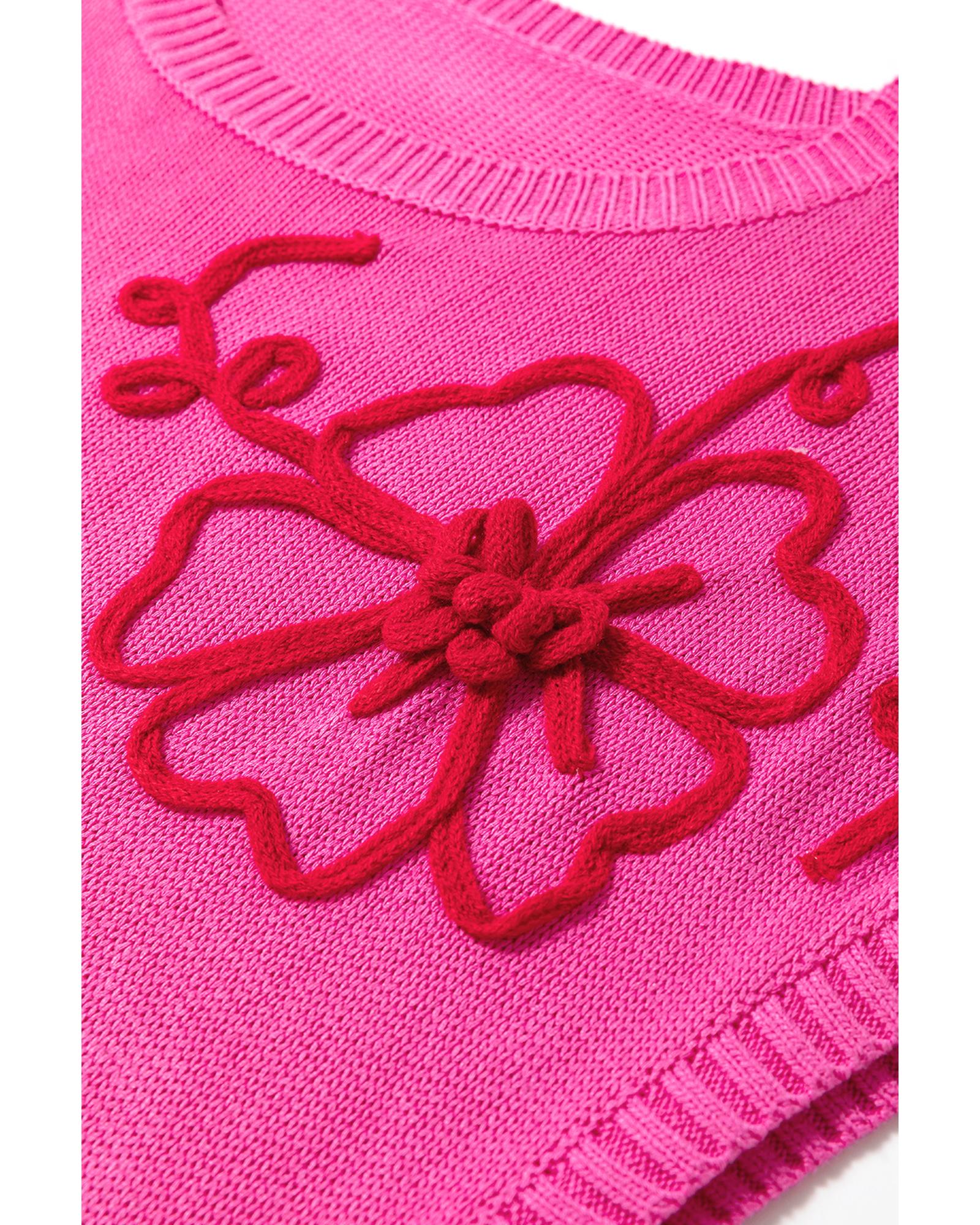 Bright Pink Flower Embroidery Short Sleeve Knitwear Top - XL 6
