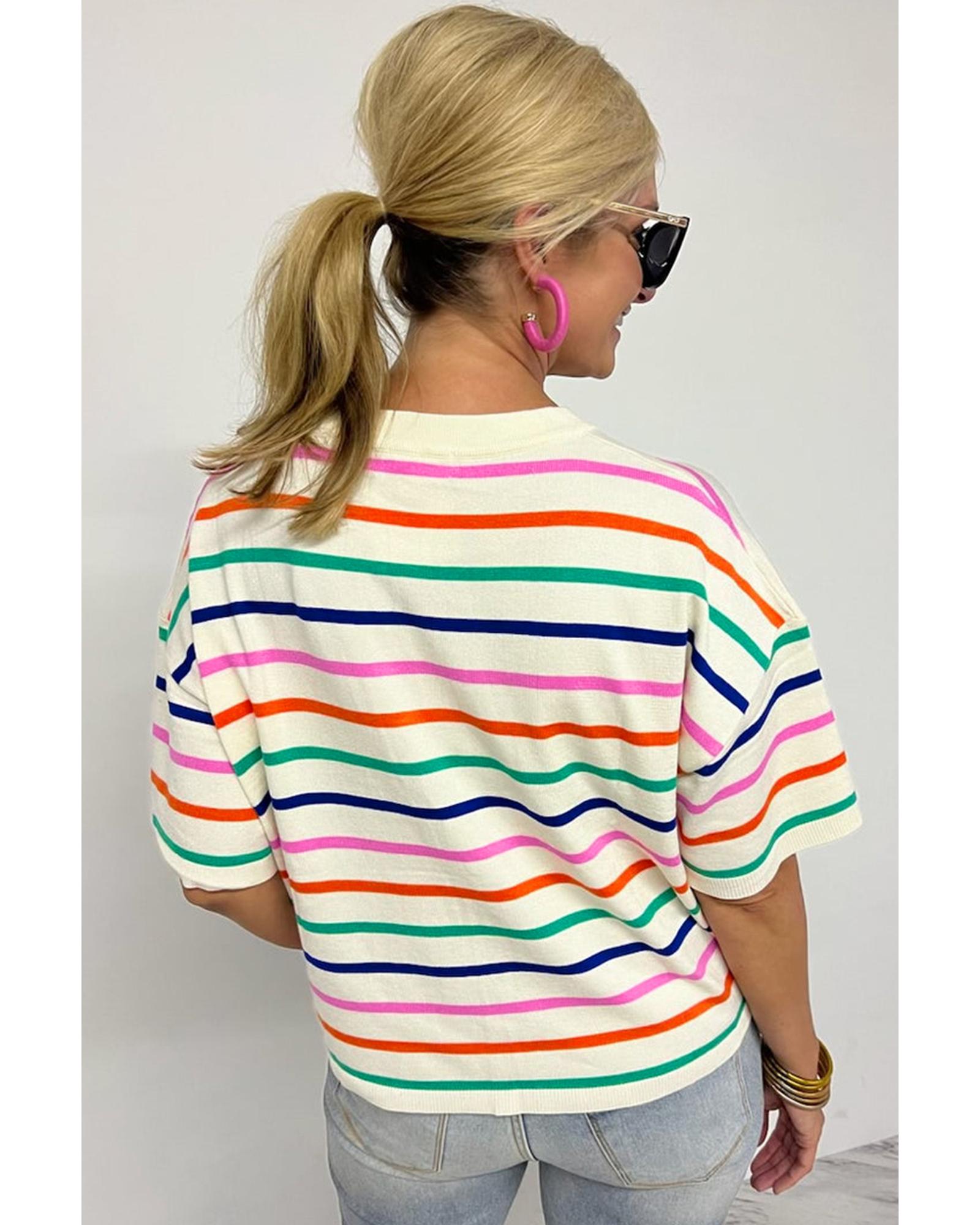 Beige Stripe Dropped Short Sleeve Boxy Fit Knitted Top - S 3