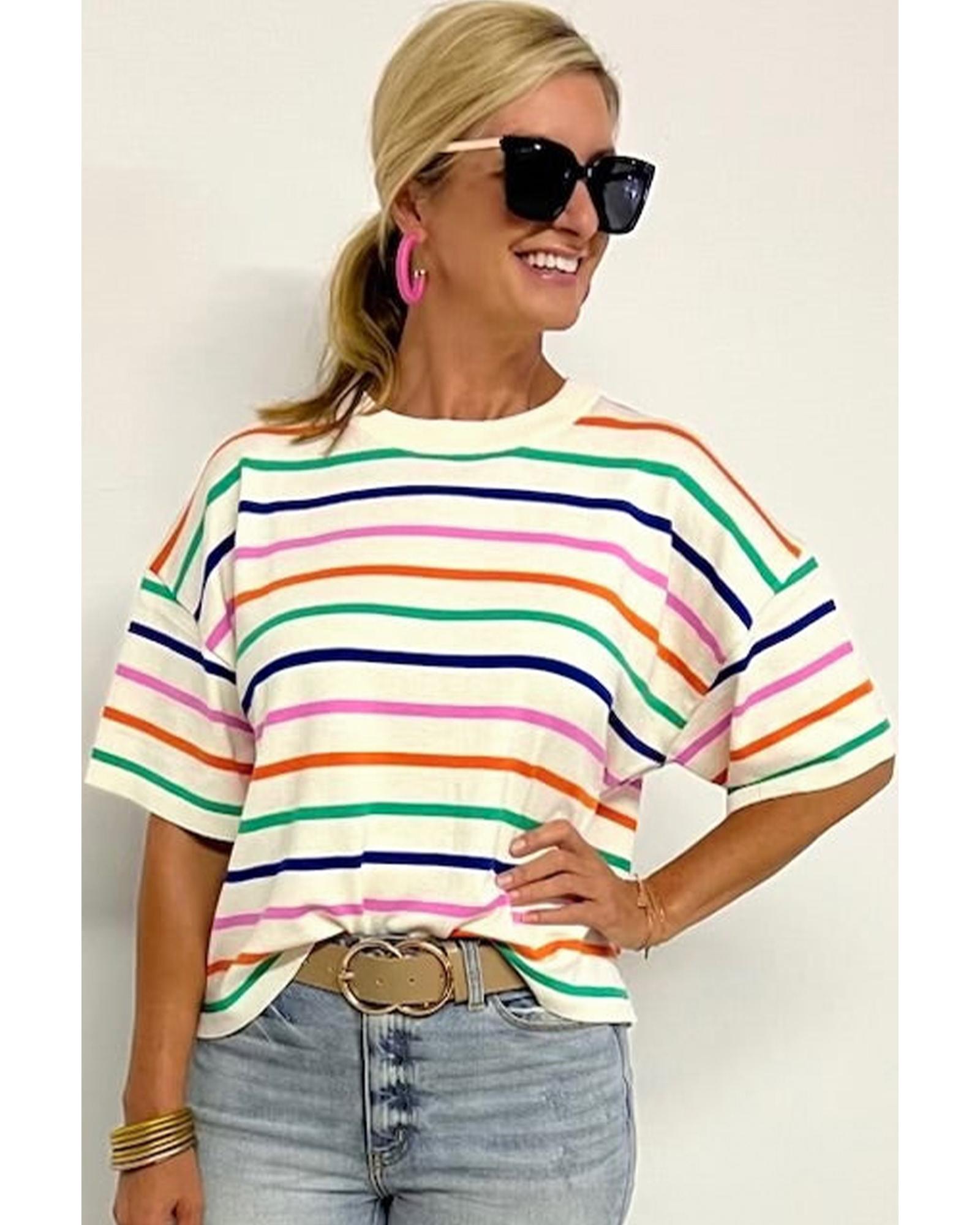 Beige Stripe Dropped Short Sleeve Boxy Fit Knitted Top - S 4