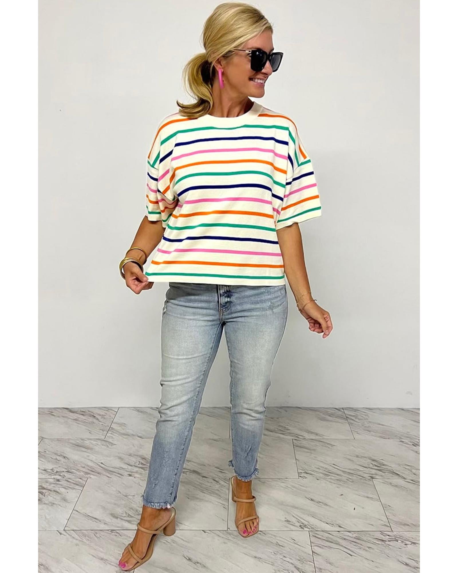 Beige Stripe Dropped Short Sleeve Boxy Fit Knitted Top - S 5