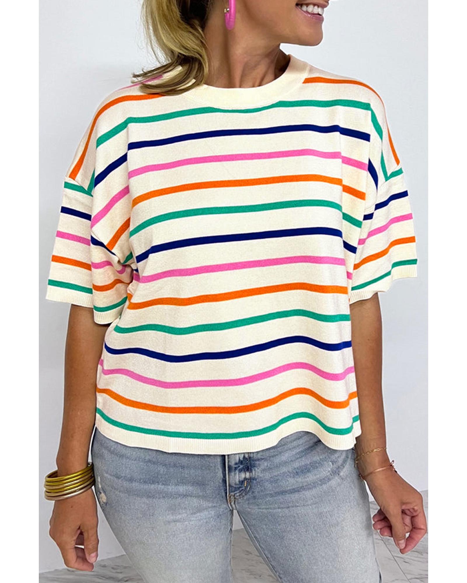 Beige Stripe Dropped Short Sleeve Boxy Fit Knitted Top - S 7