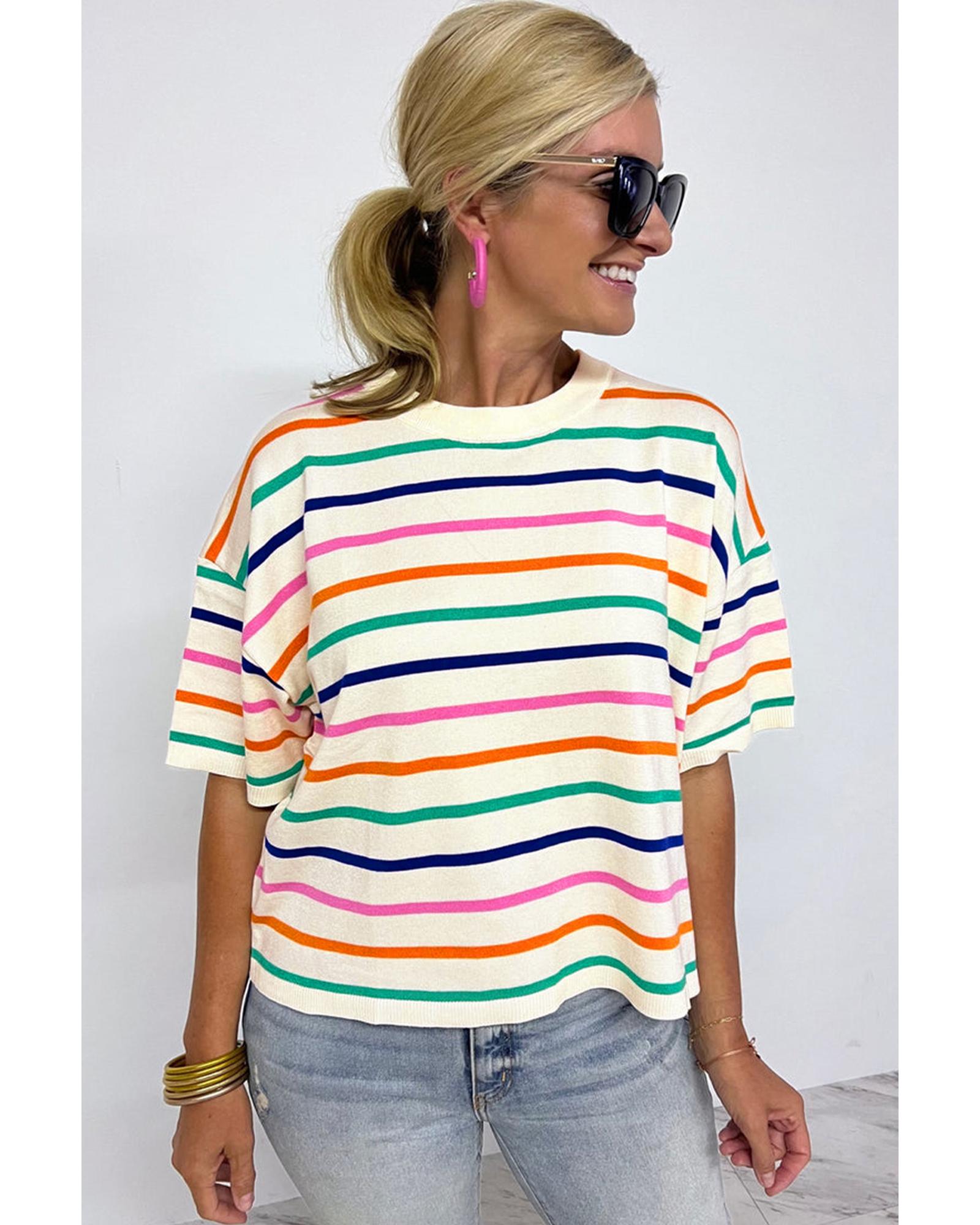 Beige Stripe Dropped Short Sleeve Boxy Fit Knitted Top - S 8