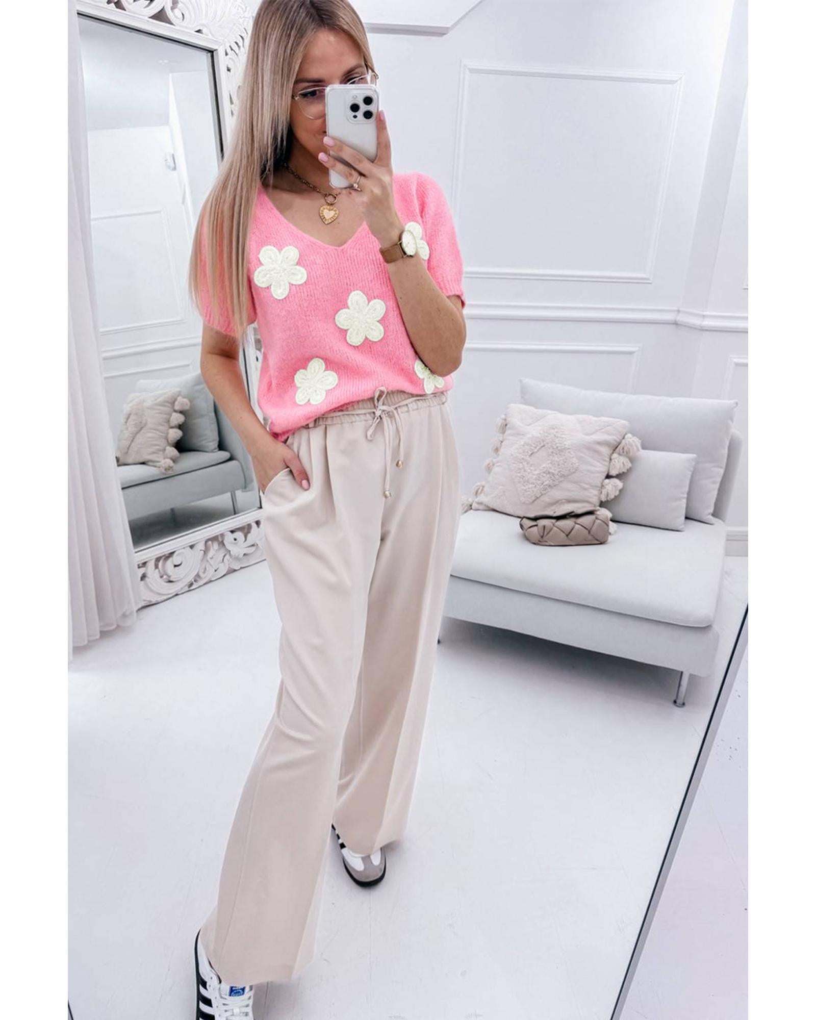 Pink Flower Crochet V Neck Short Sleeve Sweater - L 4