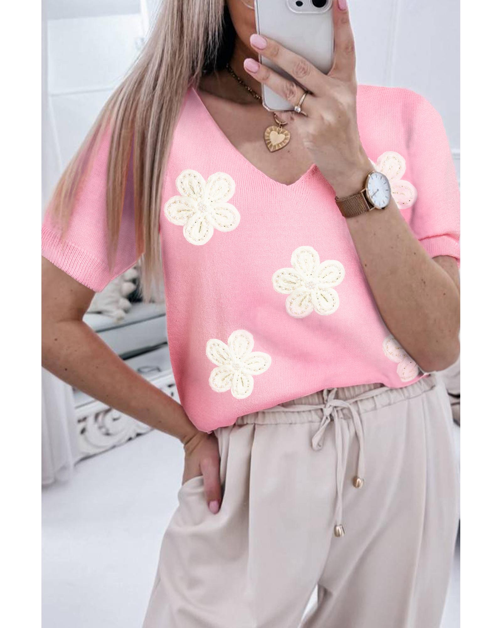 Pink Flower Crochet V Neck Short Sleeve Sweater - L 7