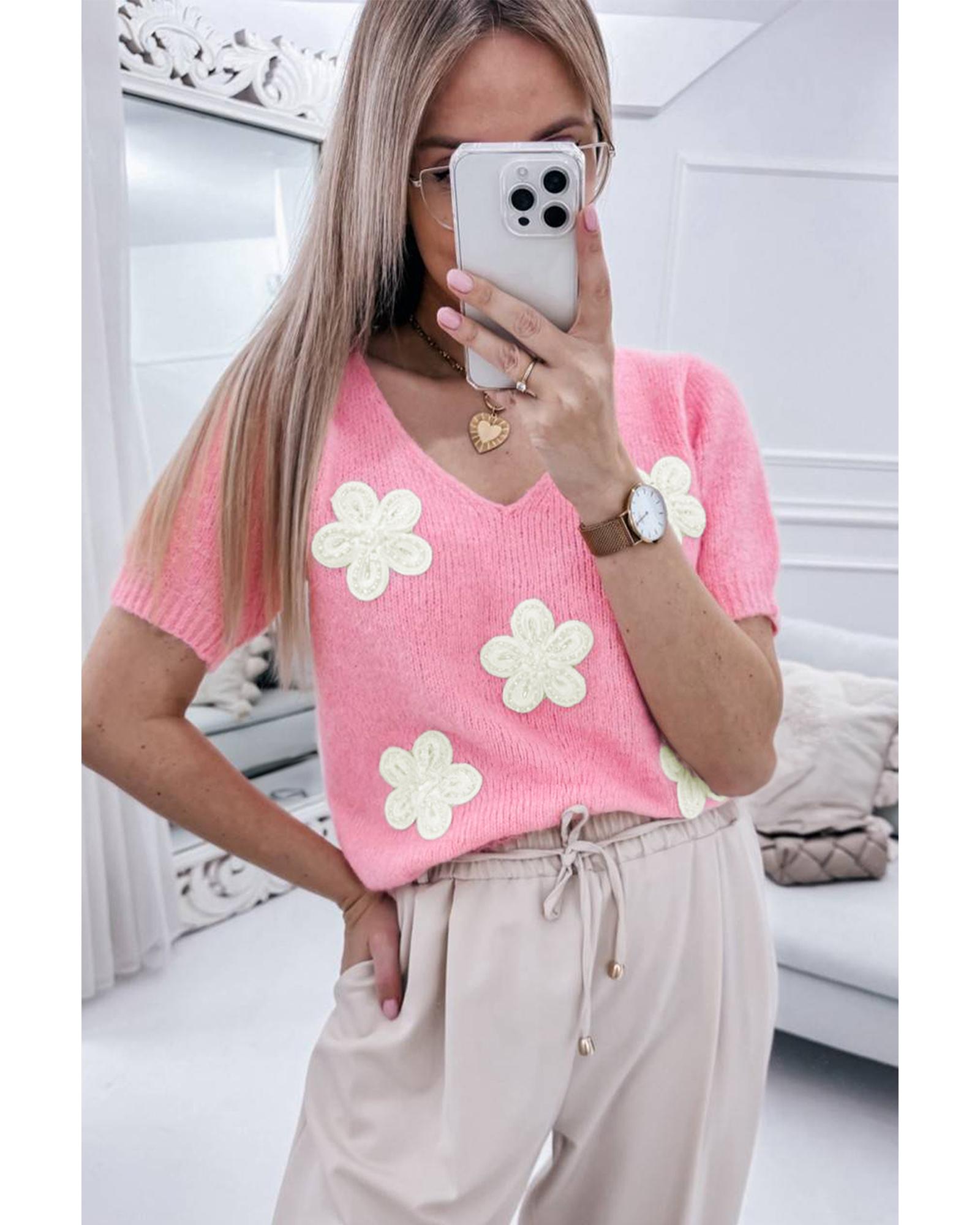 Pink Flower Crochet V Neck Short Sleeve Sweater - M