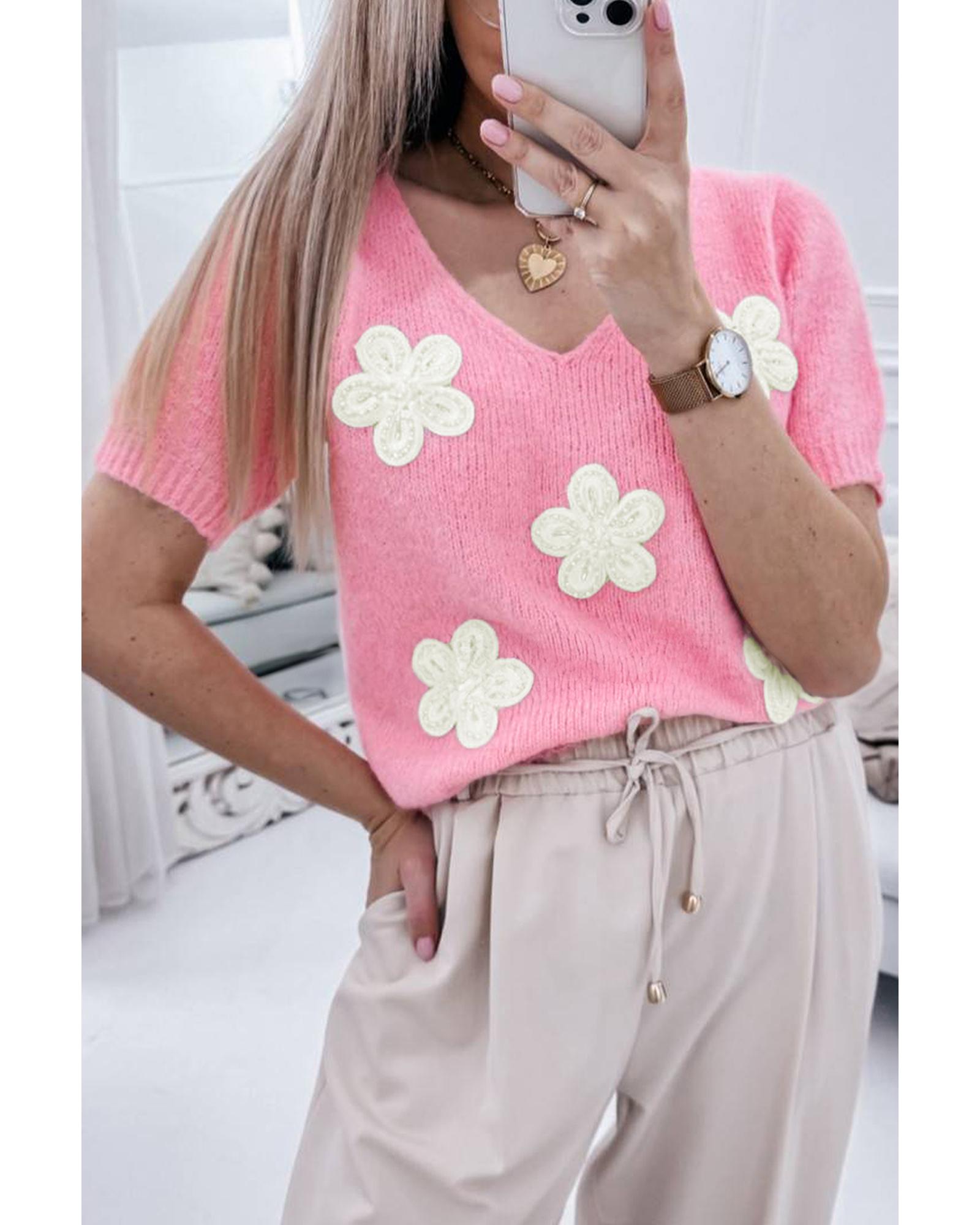 Pink Flower Crochet V Neck Short Sleeve Sweater - M