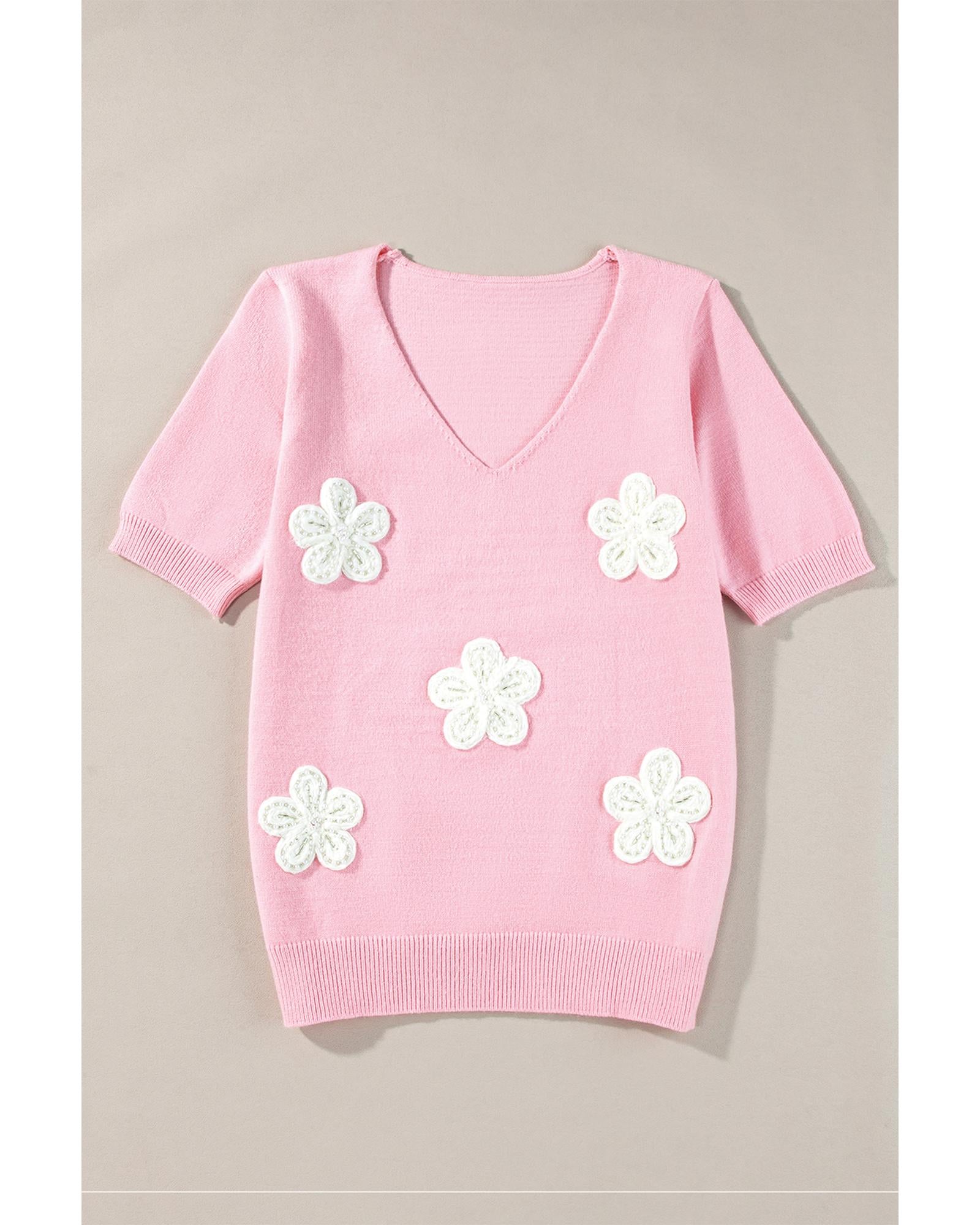 Pink Flower Crochet V Neck Short Sleeve Sweater - M 5