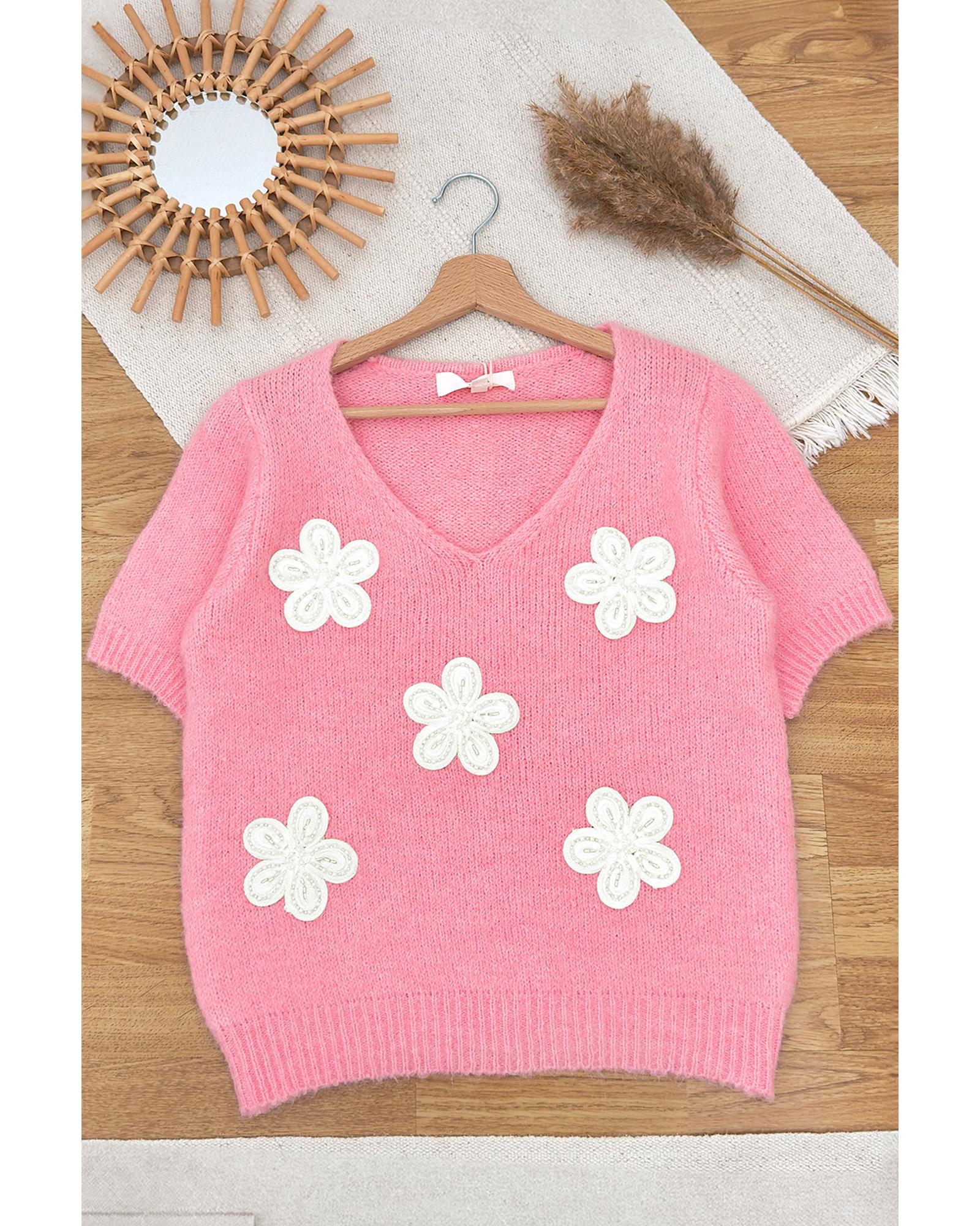 Pink Flower Crochet V Neck Short Sleeve Sweater - S 3