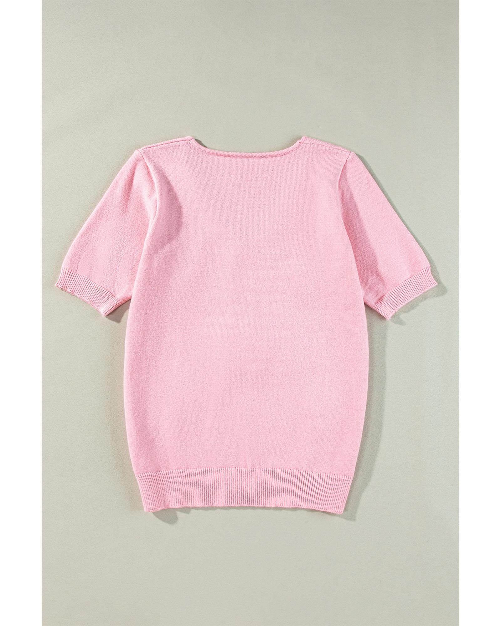 Pink Flower Crochet V Neck Short Sleeve Sweater - S 6