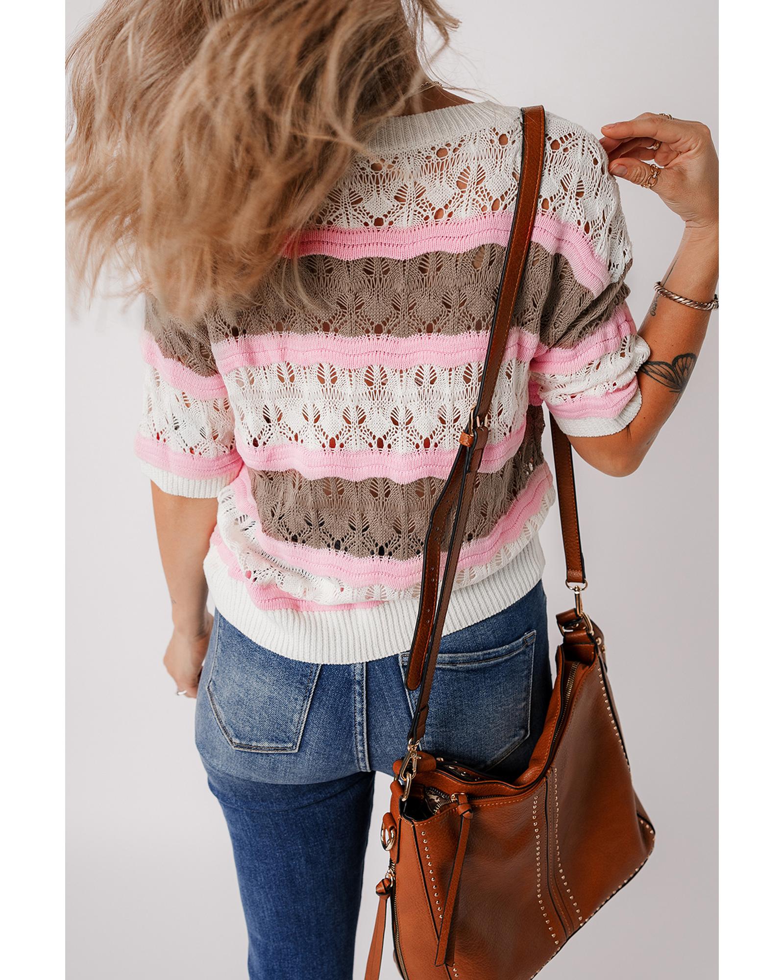 Brown Stripe Color Block Hollow Out Crochet Half Sleeve Sweater - L 3