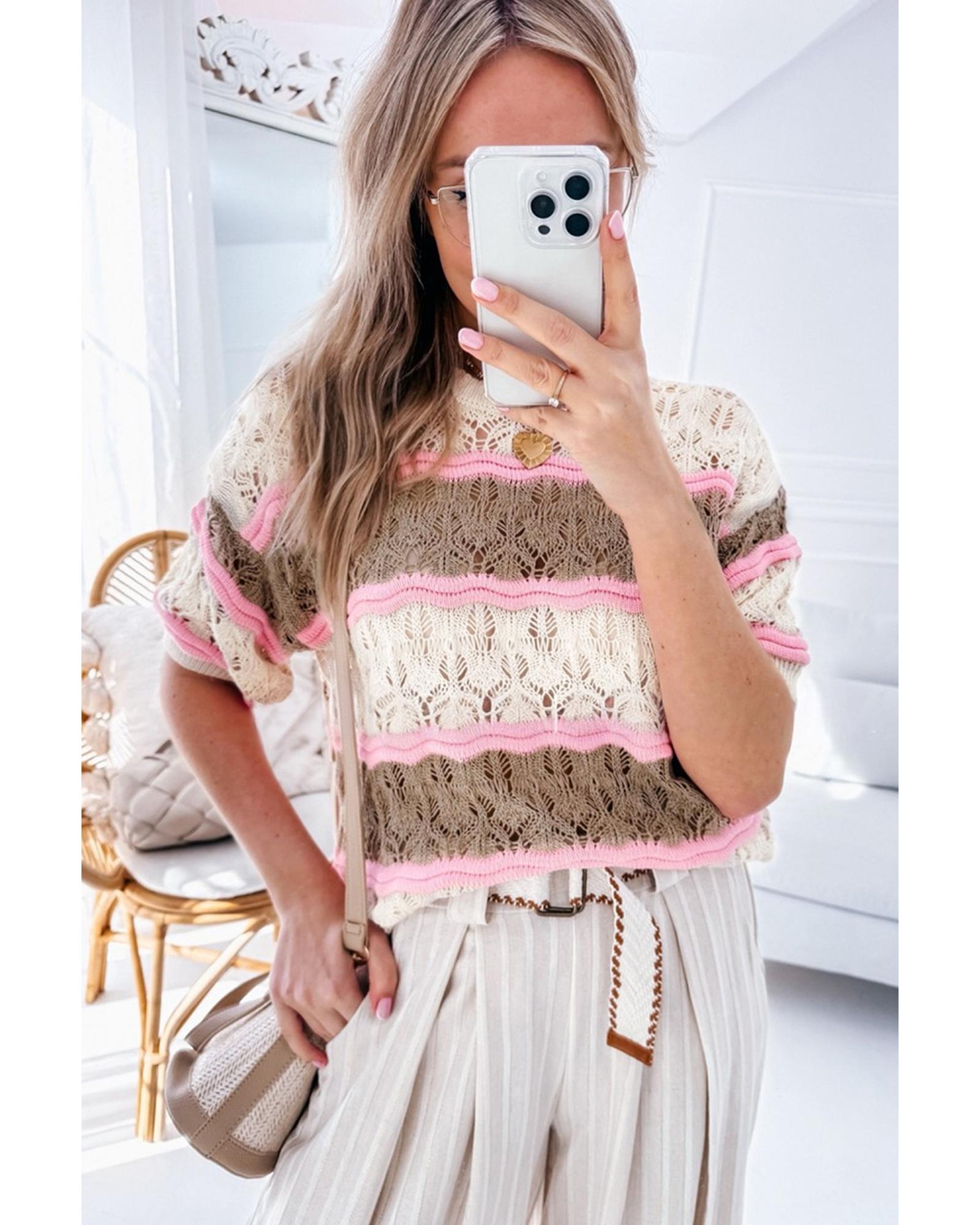 Brown Stripe Color Block Hollow Out Crochet Half Sleeve Sweater - L 5