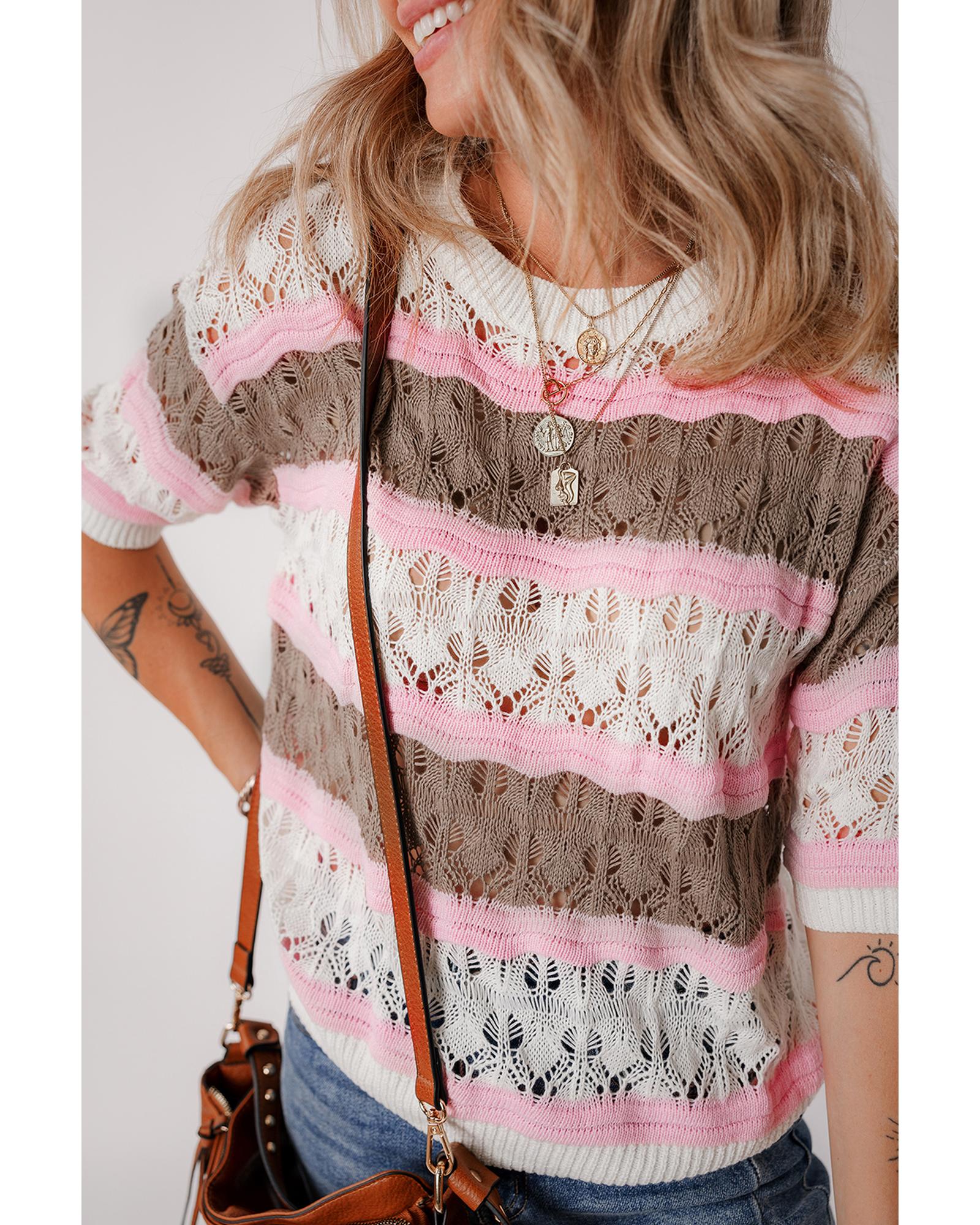 Brown Stripe Color Block Hollow Out Crochet Half Sleeve Sweater - L 6