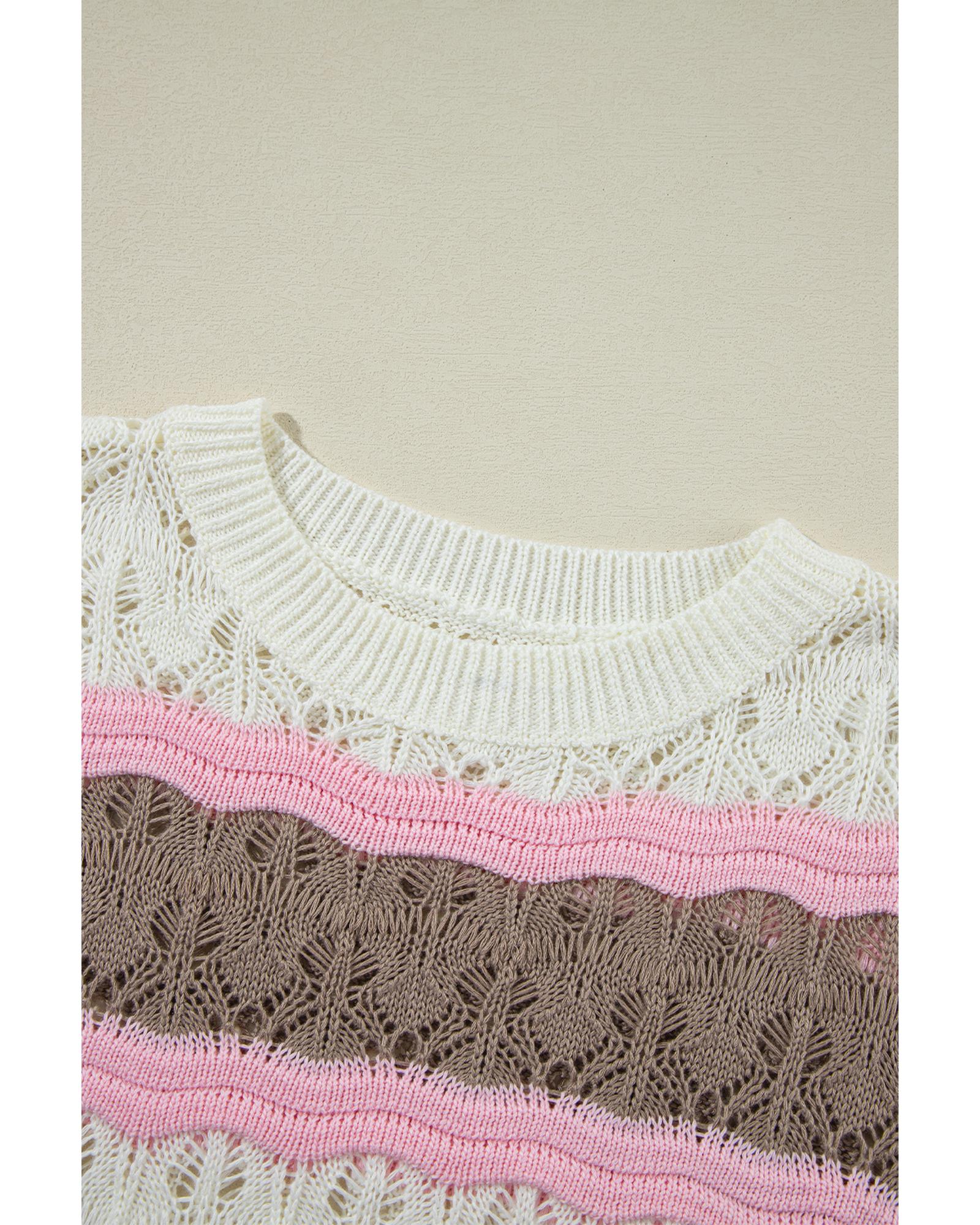 Brown Stripe Color Block Hollow Out Crochet Half Sleeve Sweater - L 8
