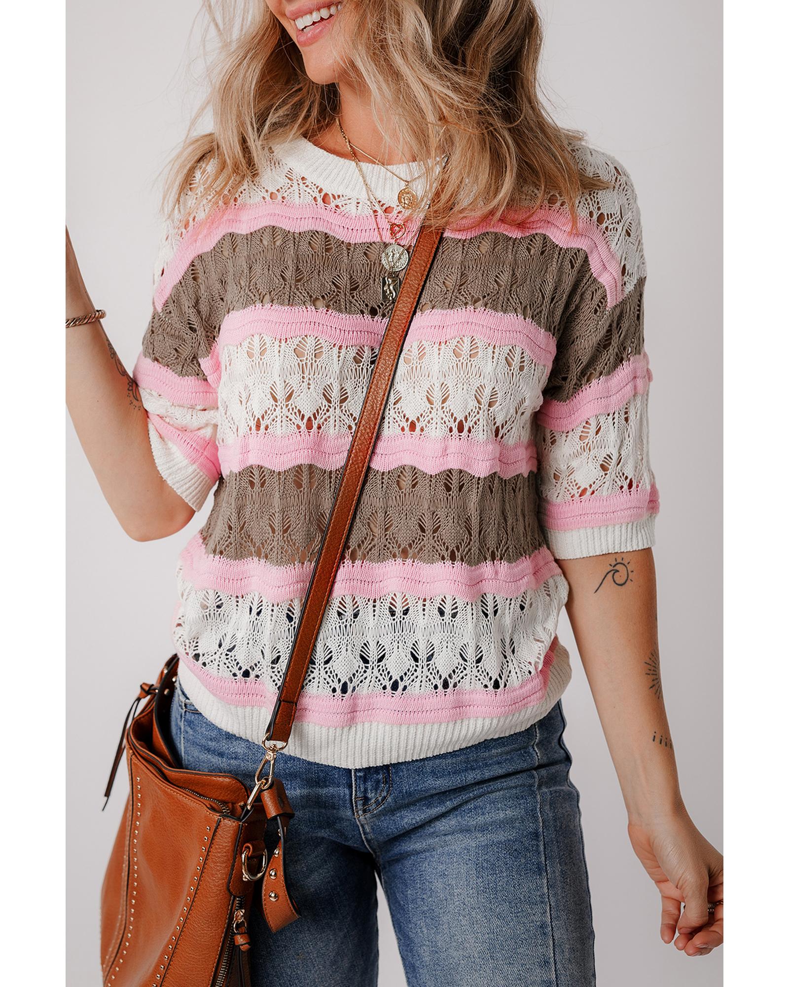 Brown Stripe Color Block Hollow Out Crochet Half Sleeve Sweater - M 4