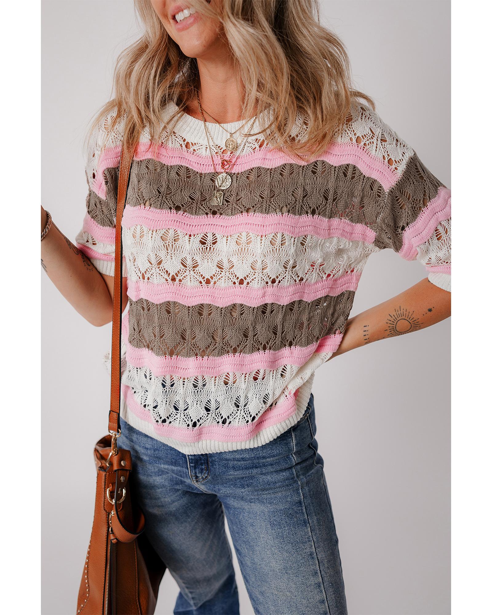 Brown Stripe Color Block Hollow Out Crochet Half Sleeve Sweater - S