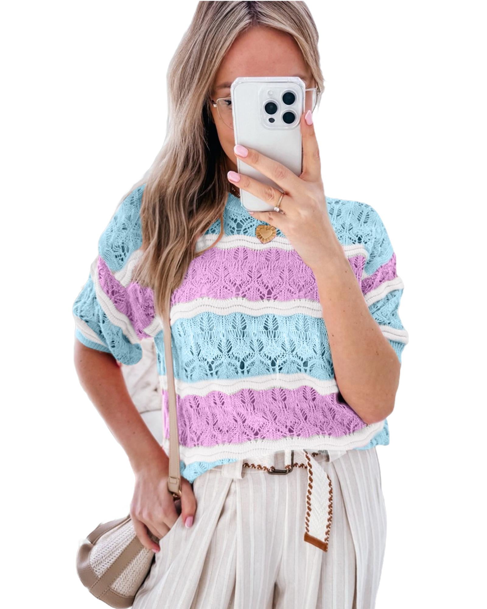 Purple Stripe Color Block Hollow Out Crochet Half Sleeve Sweater - L 8