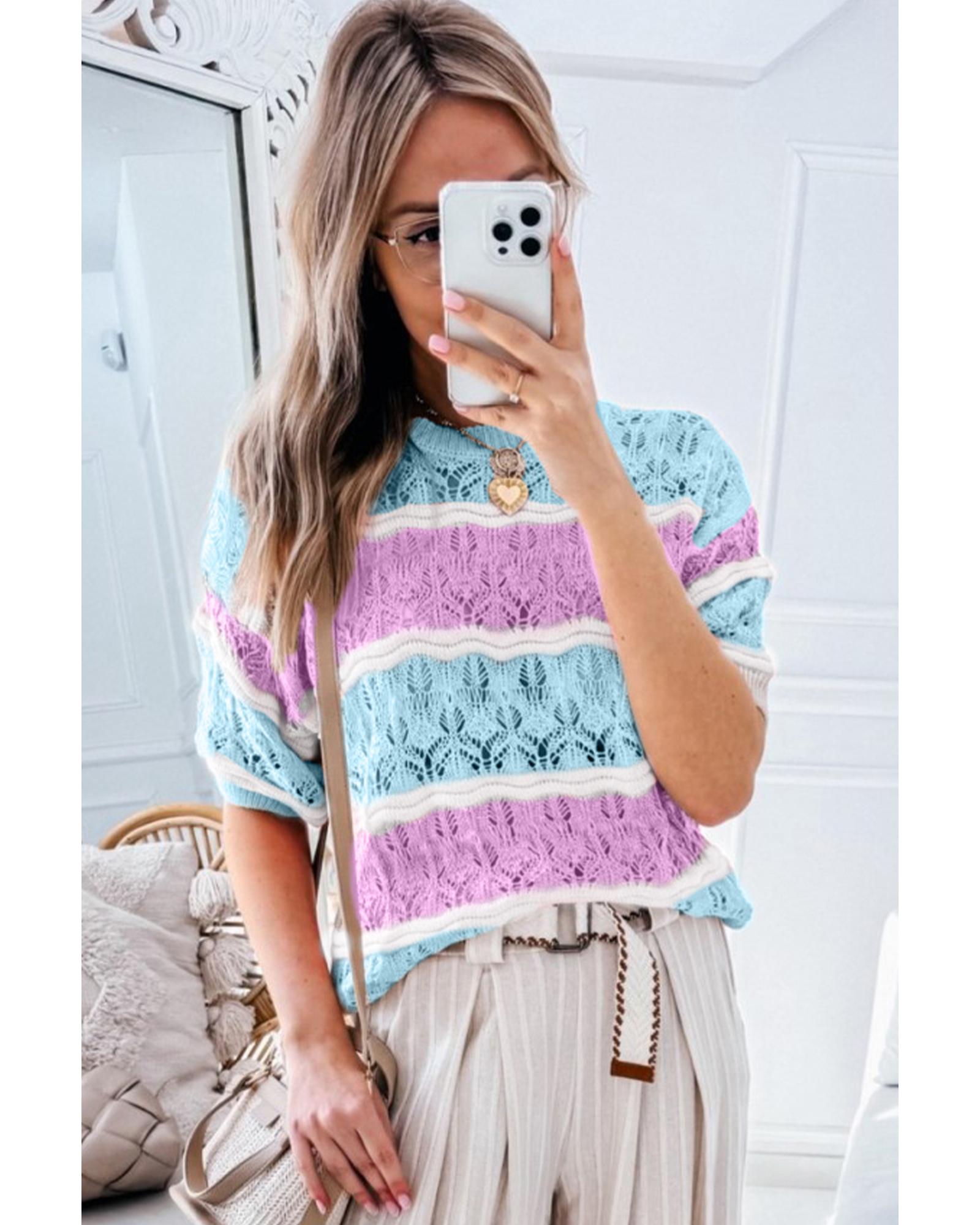 Purple Stripe Color Block Hollow Out Crochet Half Sleeve Sweater - S 6