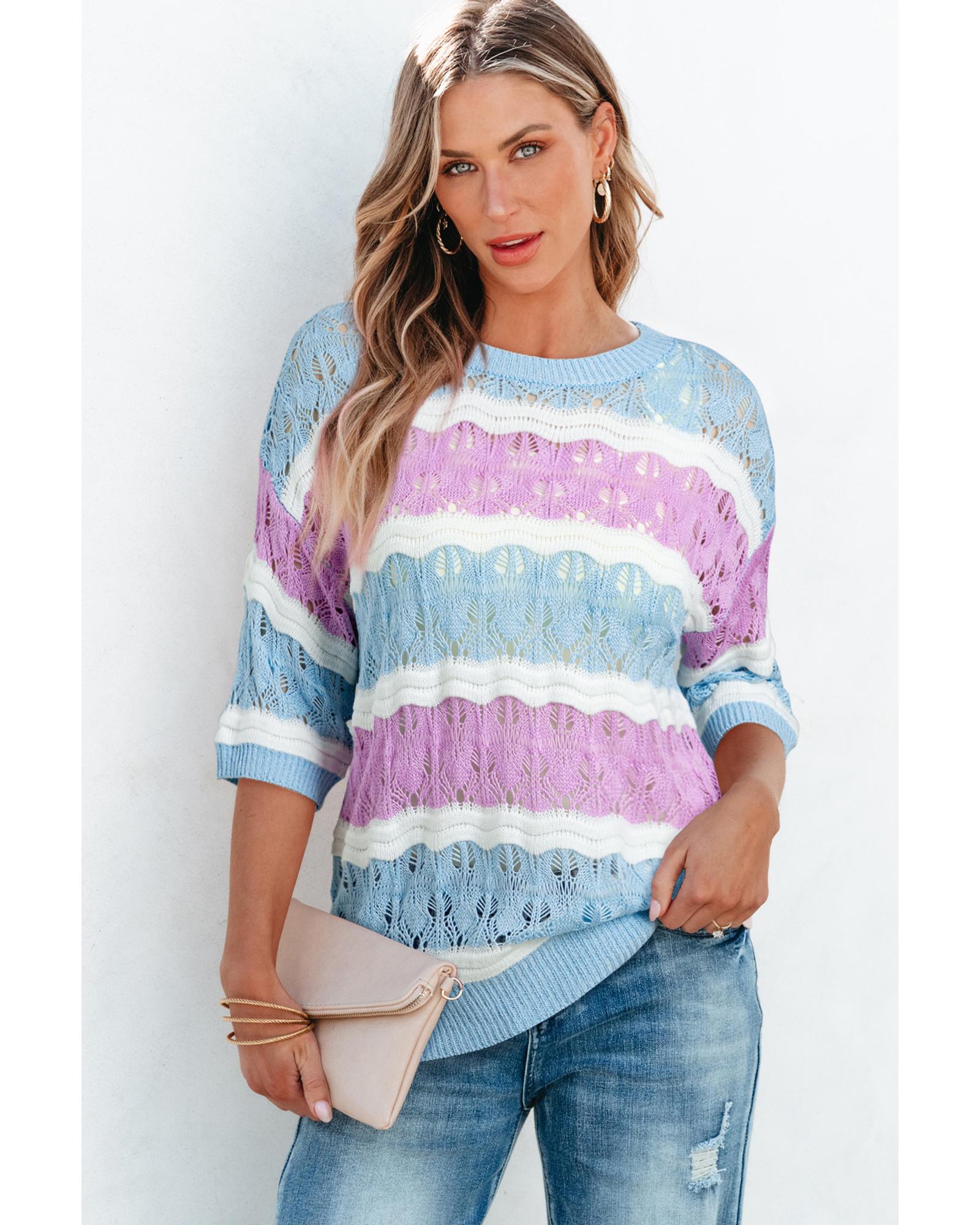 Purple Stripe Color Block Hollow Out Crochet Half Sleeve Sweater - S 7