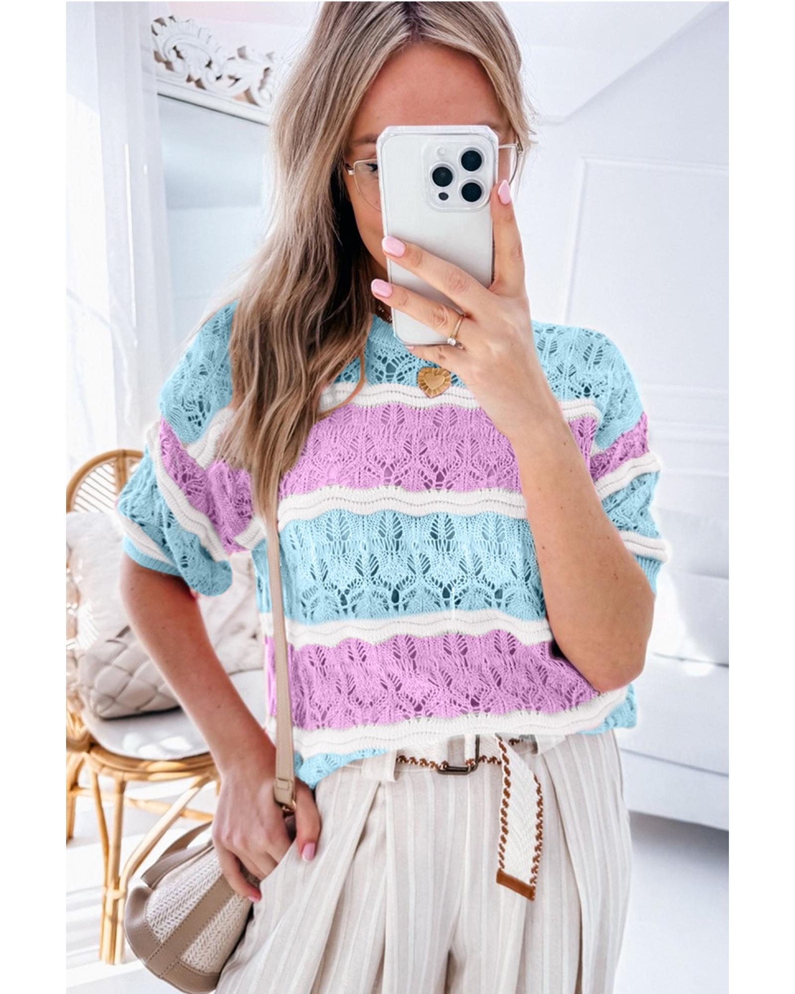 Purple Stripe Color Block Hollow Out Crochet Half Sleeve Sweater - XL 3