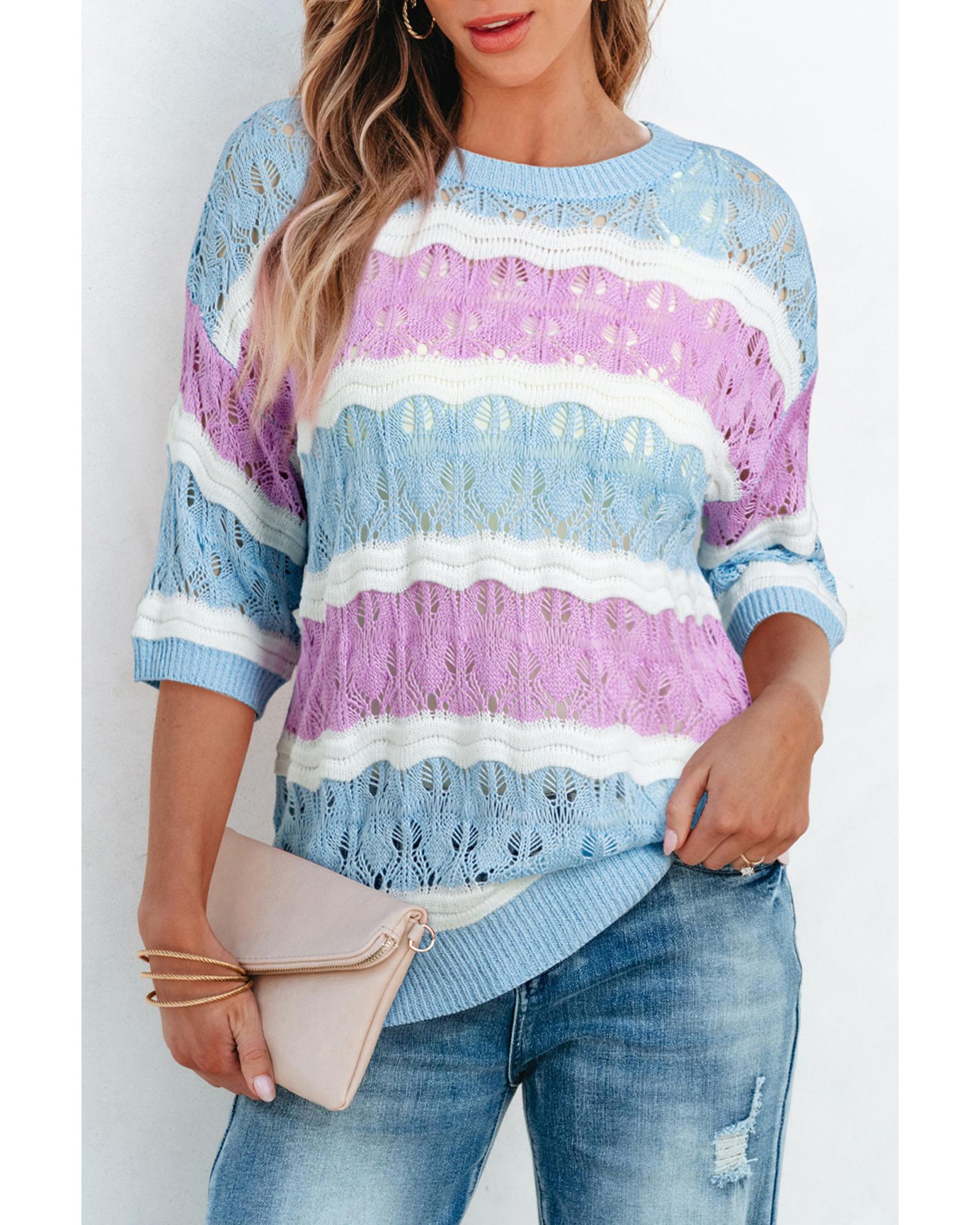 Purple Stripe Color Block Hollow Out Crochet Half Sleeve Sweater - XL 5