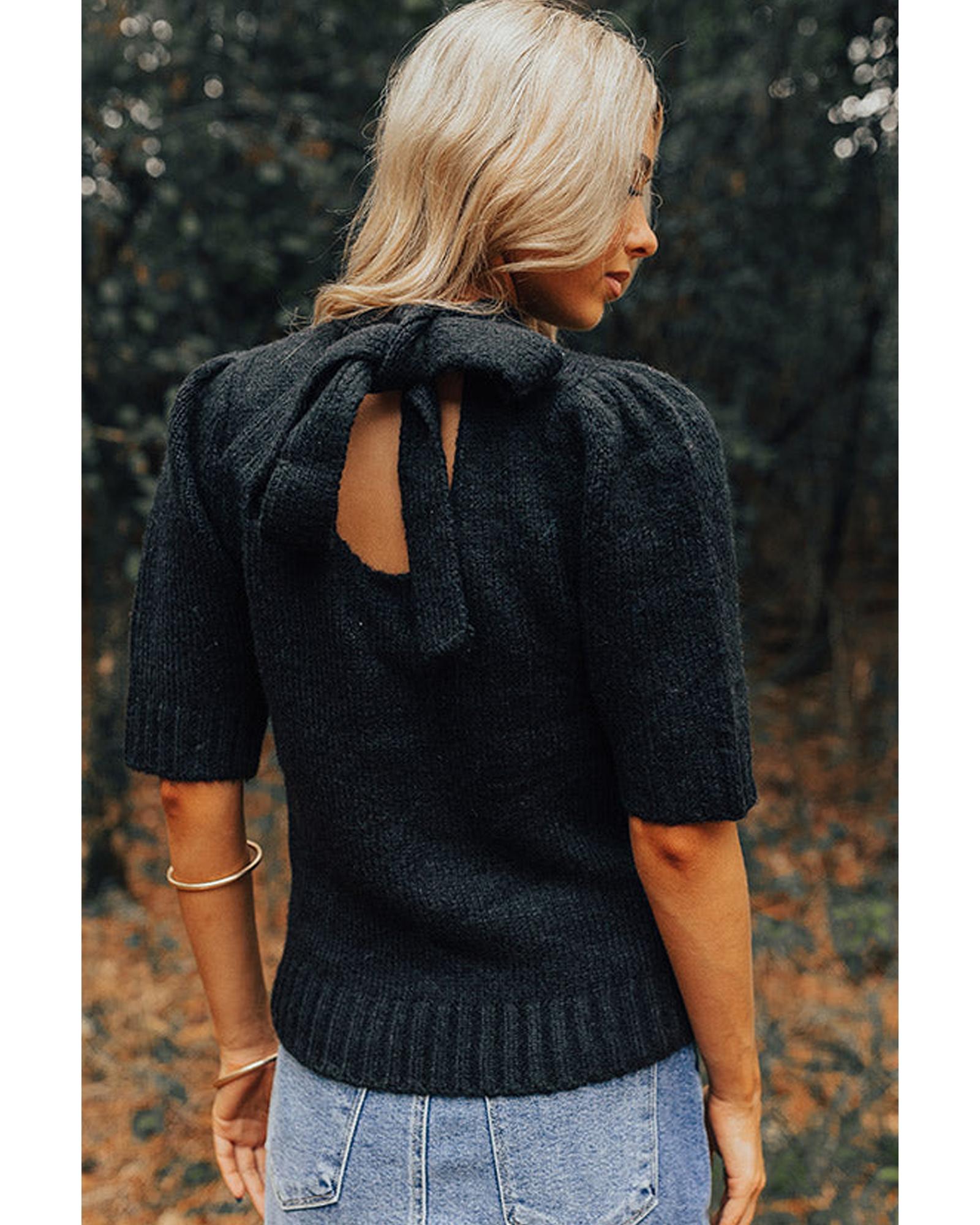Black Knotted Keyhole Nape Short Sleeve Knit Sweater - M 3