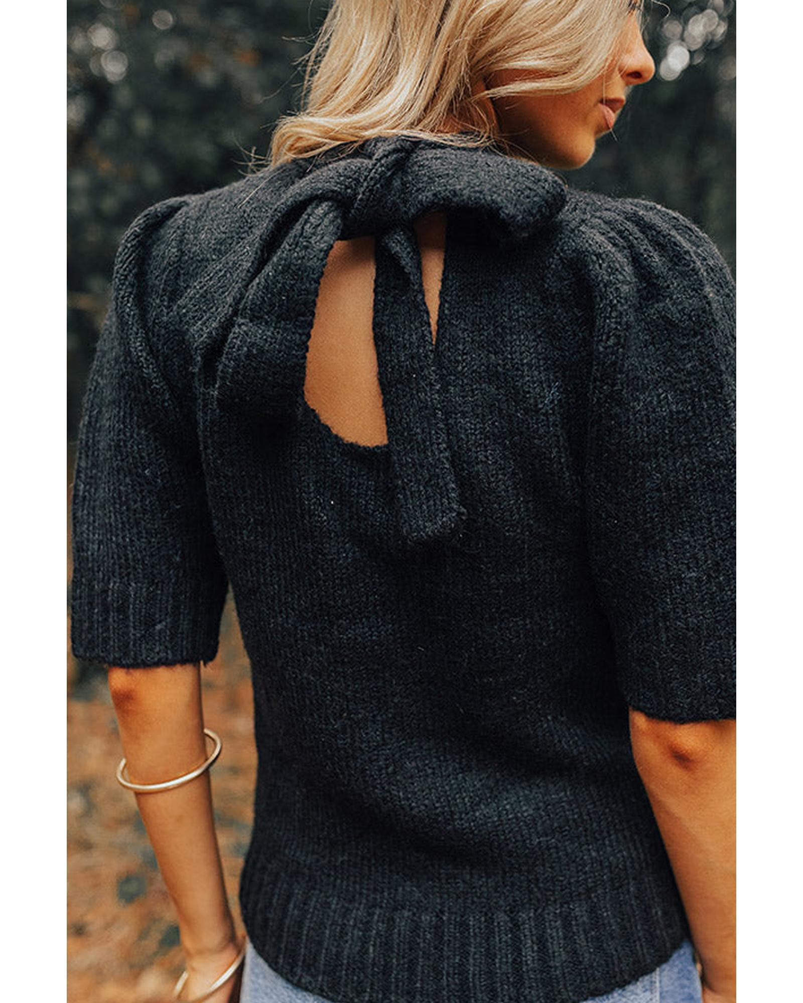 Black Knotted Keyhole Nape Short Sleeve Knit Sweater - M 5