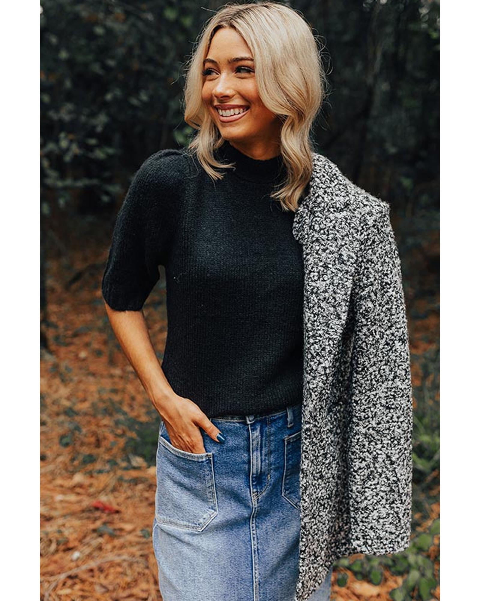 Black Knotted Keyhole Nape Short Sleeve Knit Sweater - M 6
