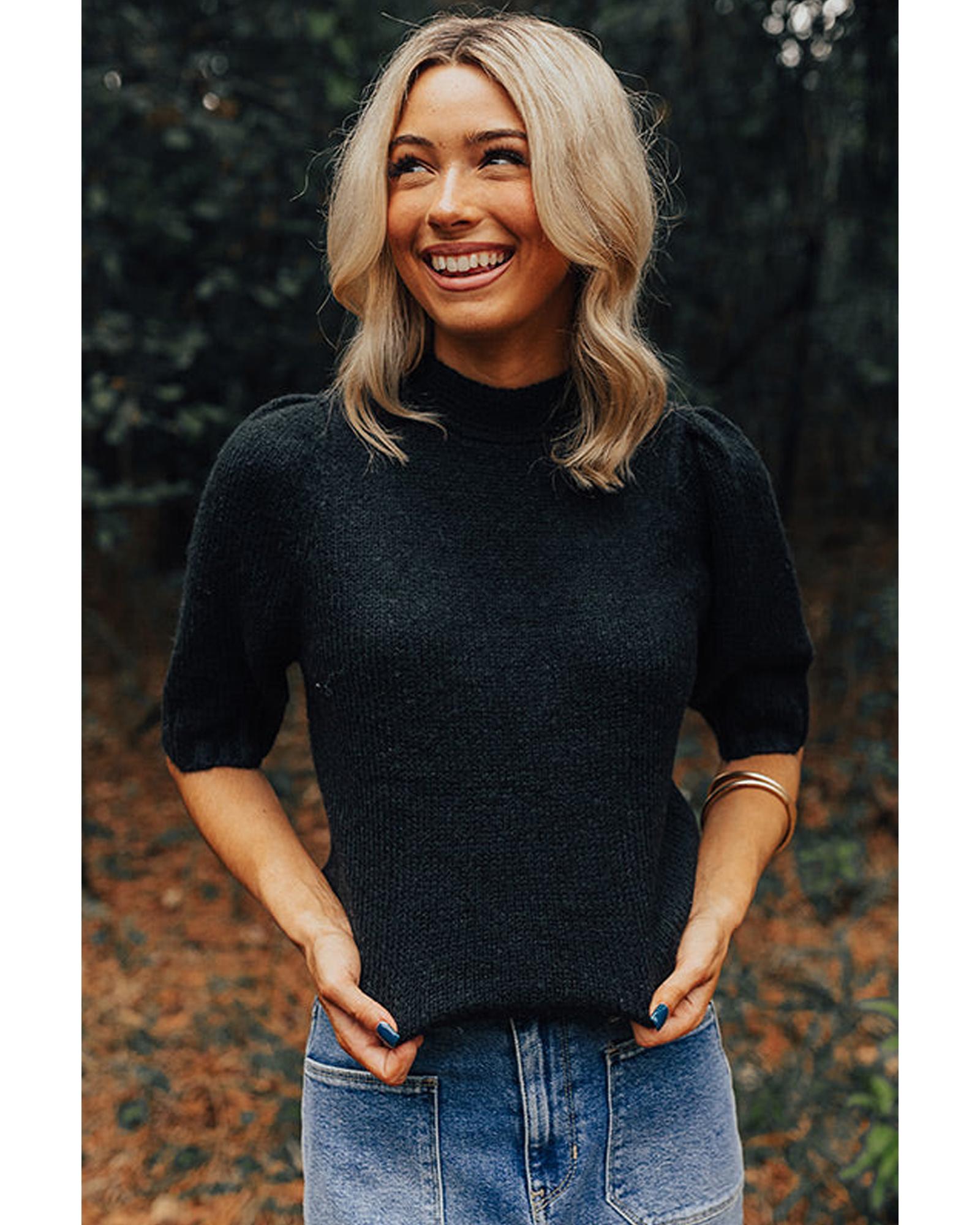 Black Knotted Keyhole Nape Short Sleeve Knit Sweater - M 7