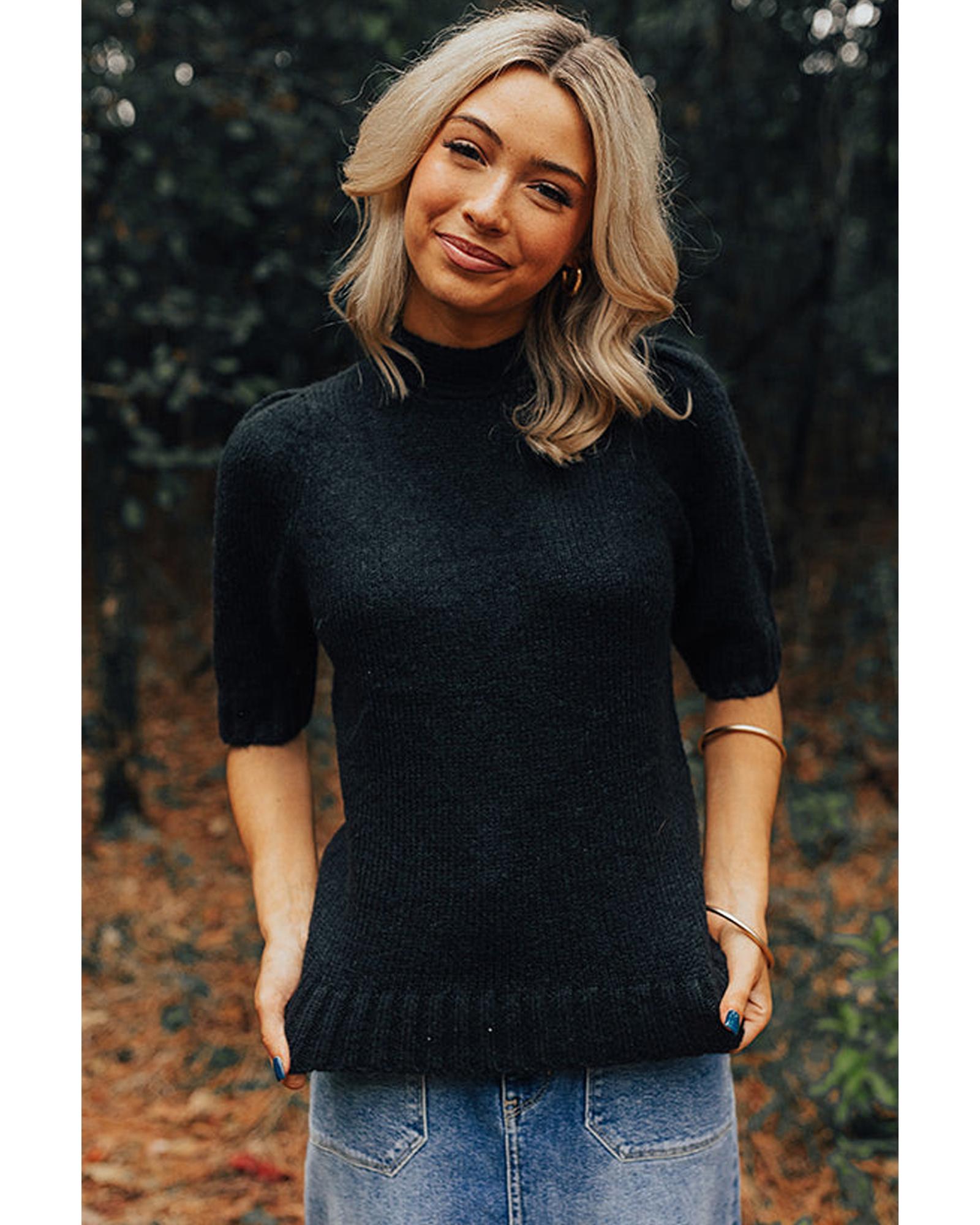 Black Knotted Keyhole Nape Short Sleeve Knit Sweater - M 8