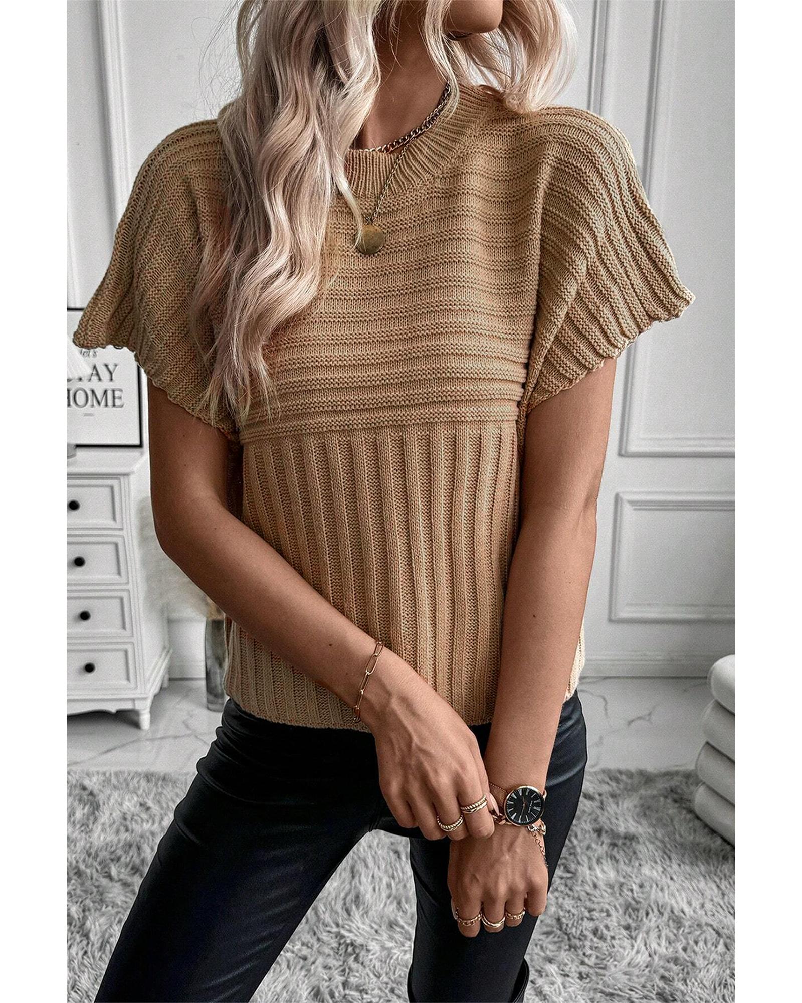 Light French Beige Rib Knitted Wide Sleeve Sweater T Shirt - L 4