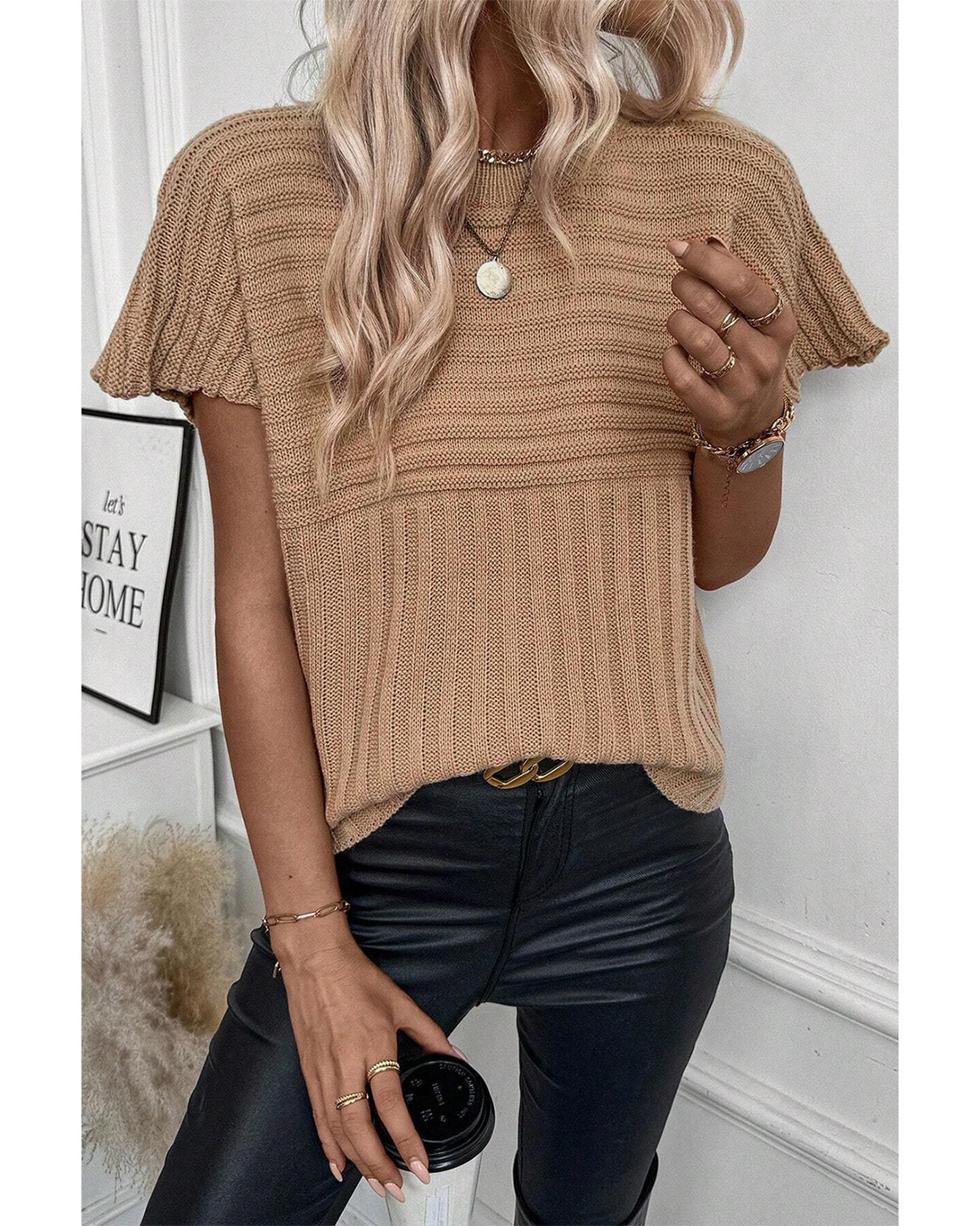 Light French Beige Rib Knitted Wide Sleeve Sweater T Shirt - L 5