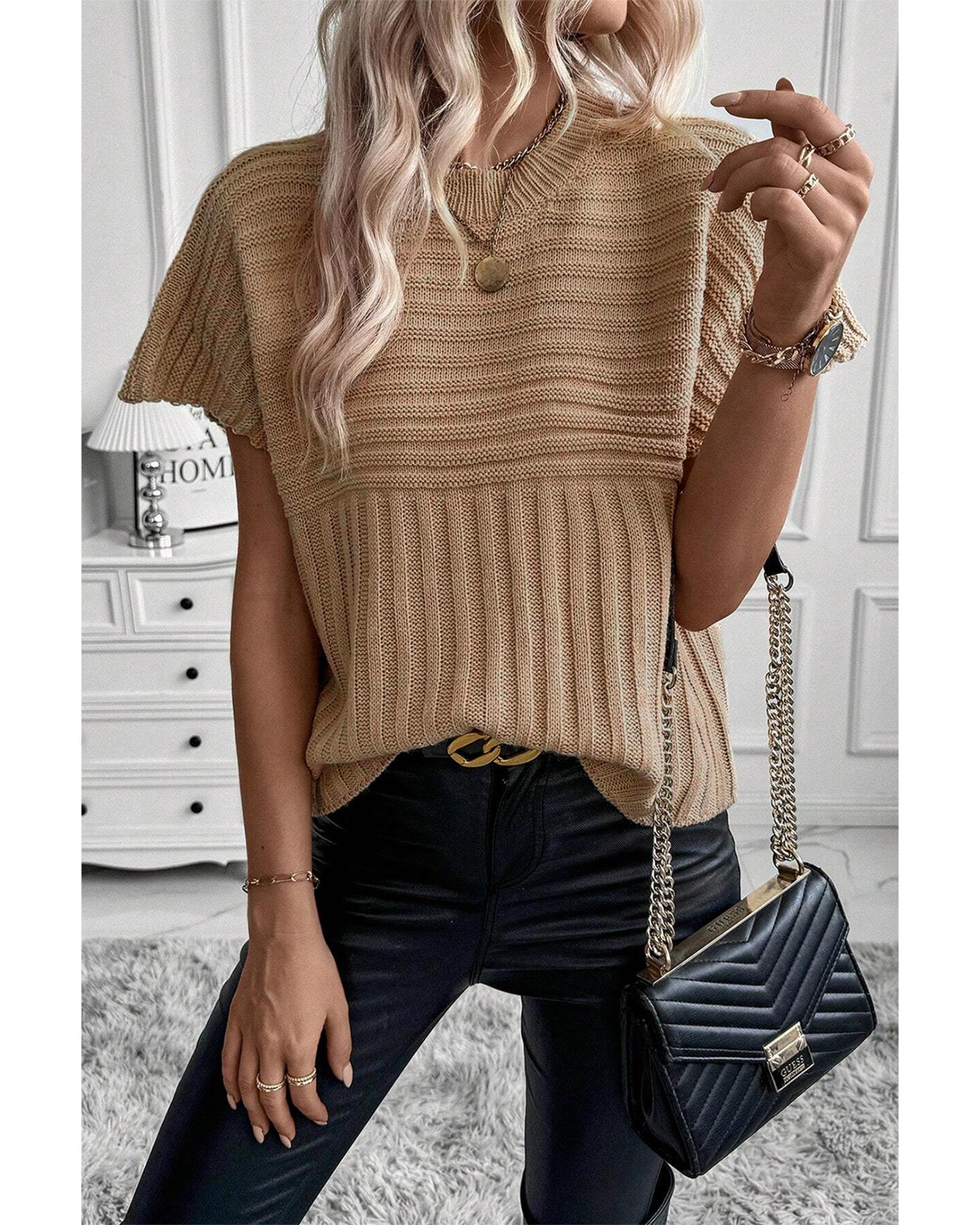 Light French Beige Rib Knitted Wide Sleeve Sweater T Shirt - L 6