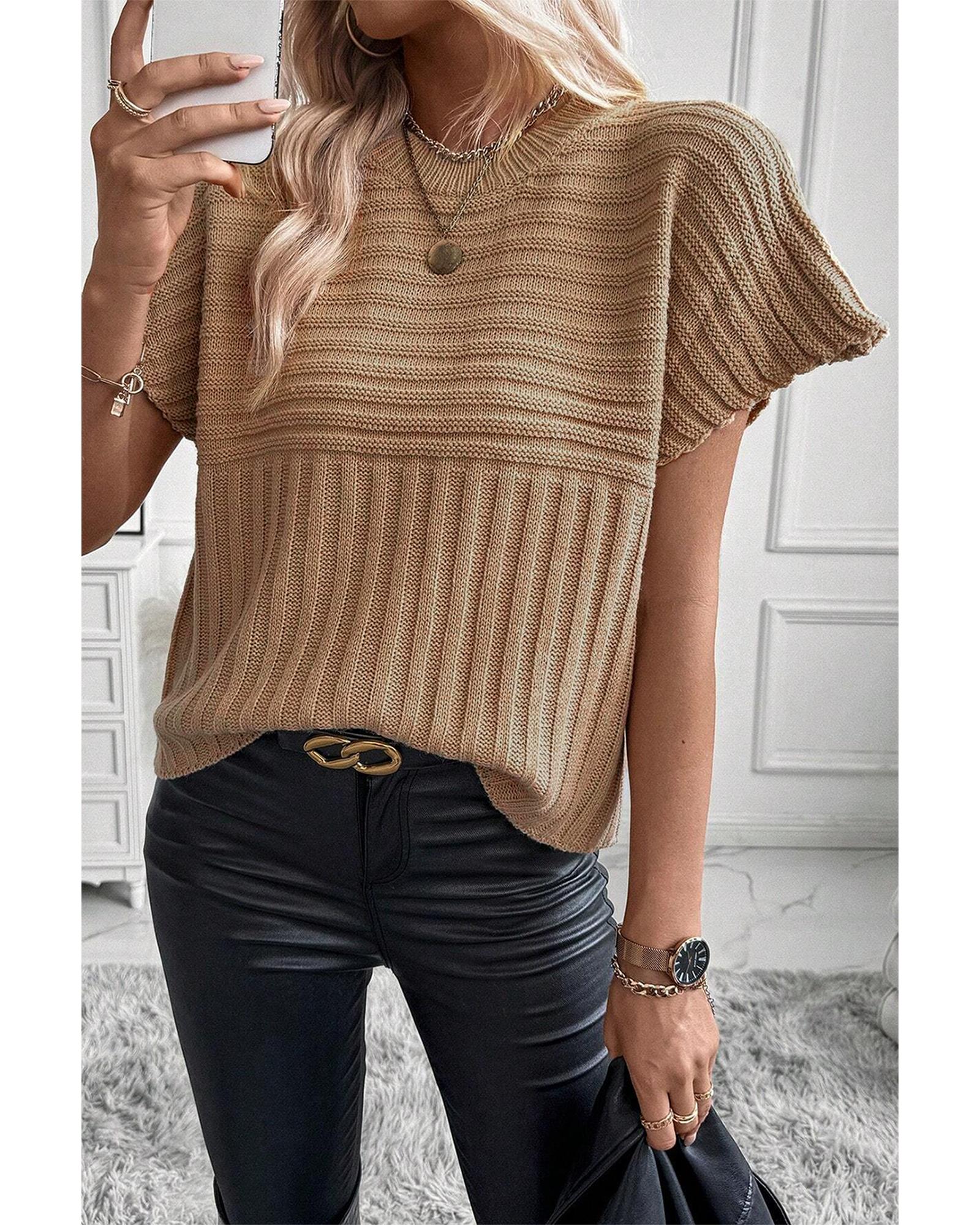 Light French Beige Rib Knitted Wide Sleeve Sweater T Shirt - L 7