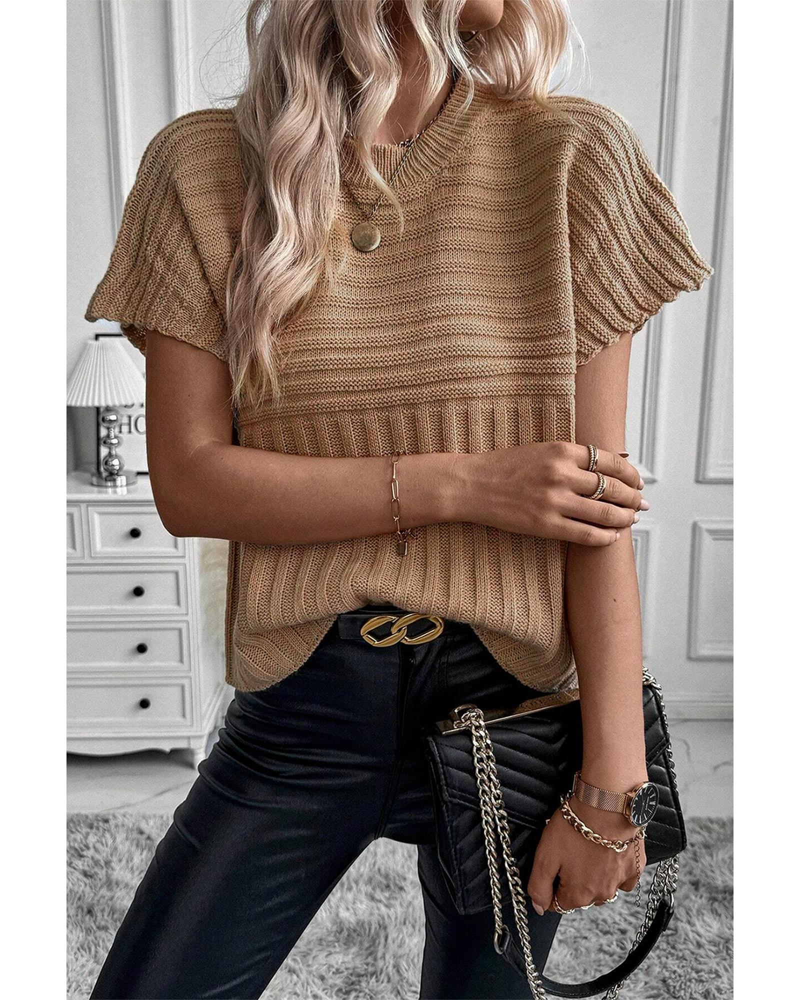 Light French Beige Rib Knitted Wide Sleeve Sweater T Shirt - XL 6