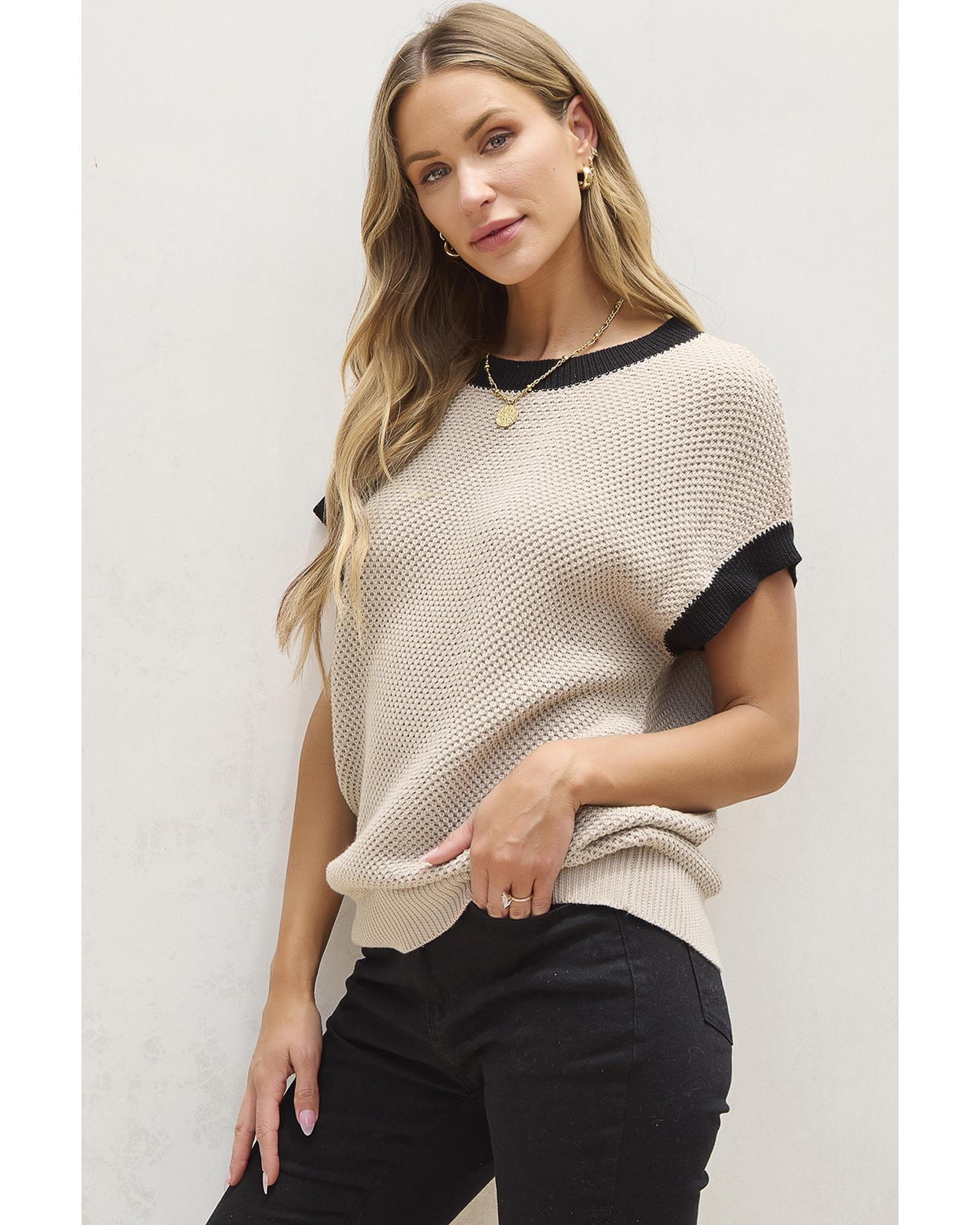 Light French Beige Contrast Trim Round Neck Batwing Sleeve Sweater Top - L