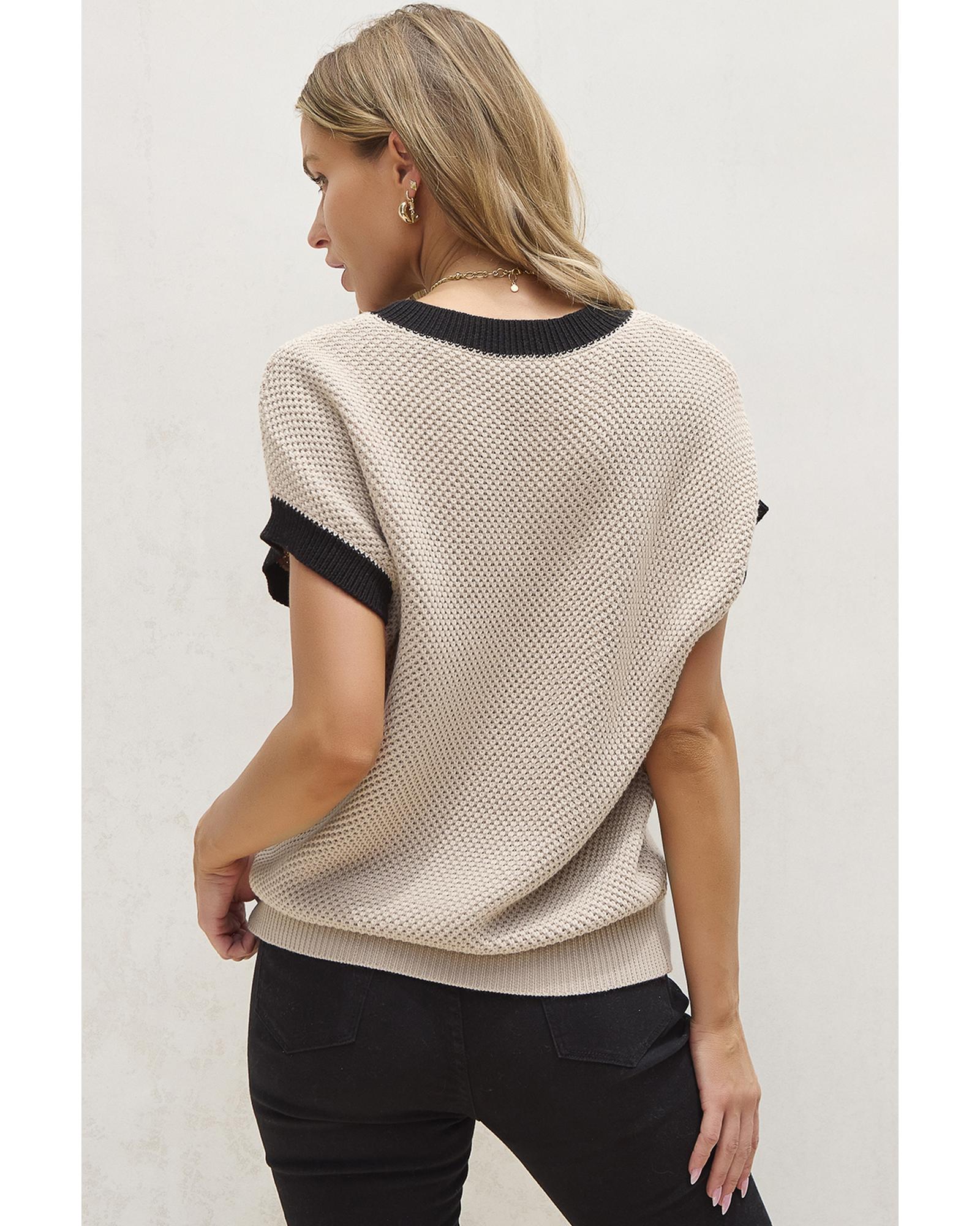 Light French Beige Contrast Trim Round Neck Batwing Sleeve Sweater Top - XL 3