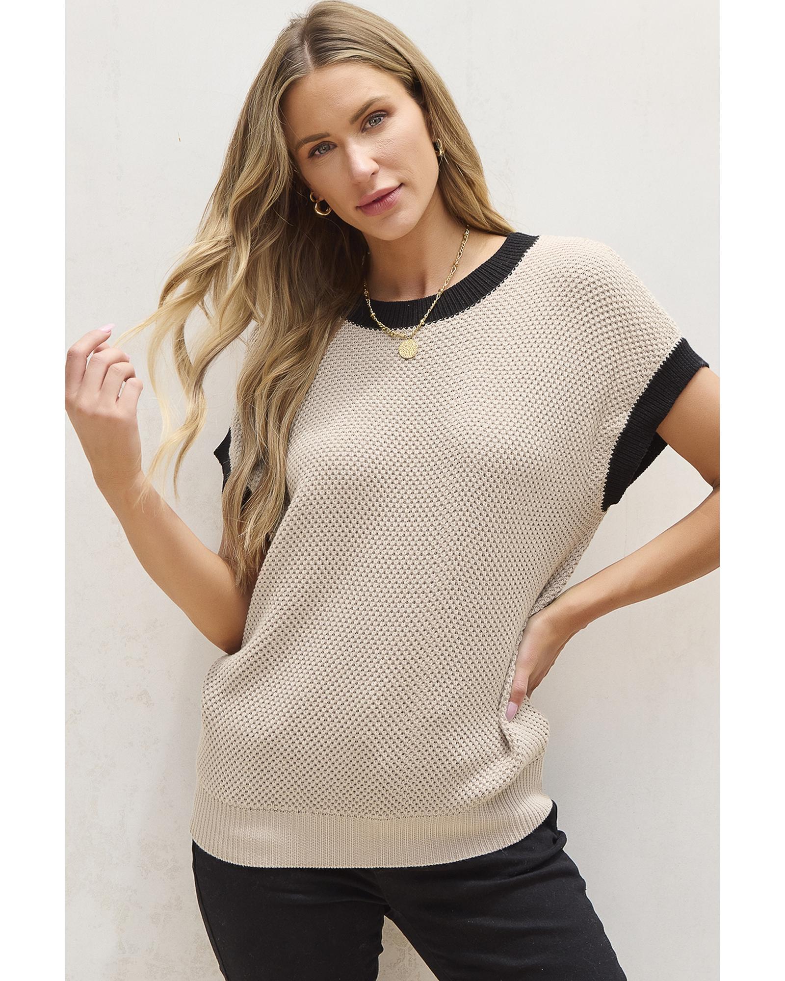 Light French Beige Contrast Trim Round Neck Batwing Sleeve Sweater Top - XL 4