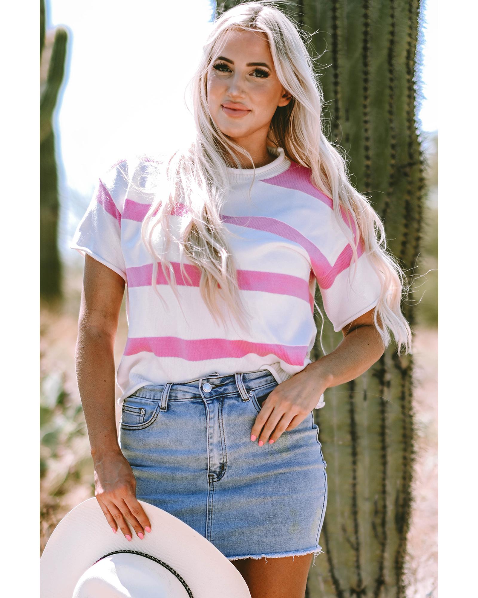 Pink Stripe Dropped Short Sleeve Lightweight Knitted Top - XL 3