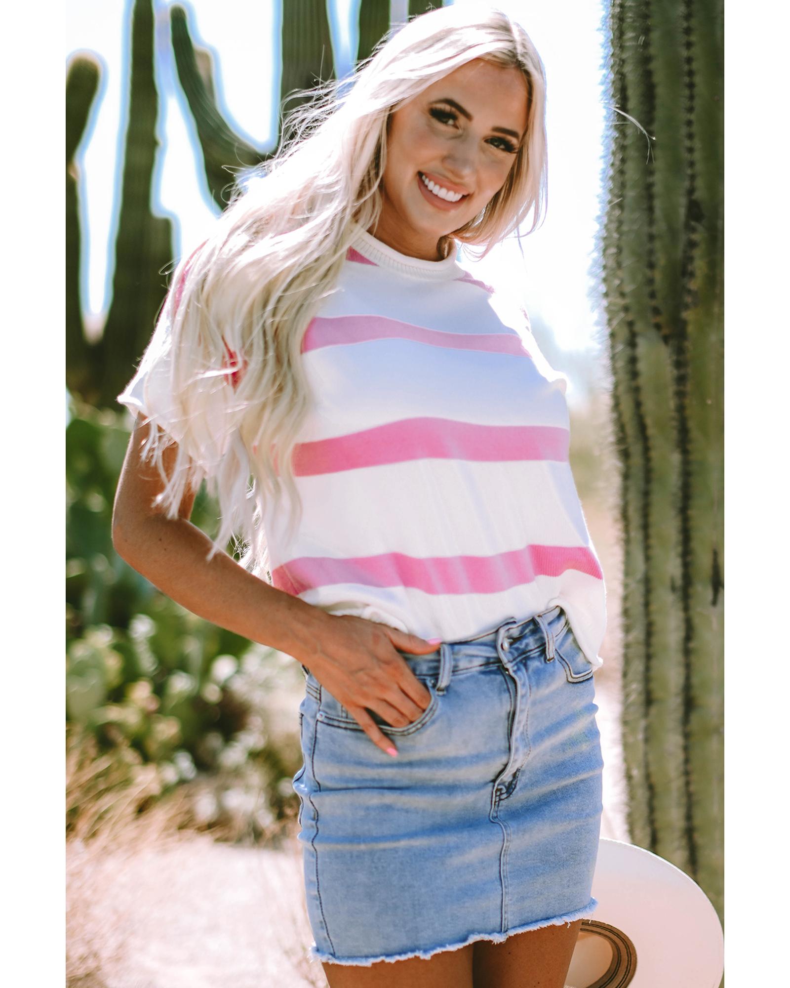 Pink Stripe Dropped Short Sleeve Lightweight Knitted Top - XL 4