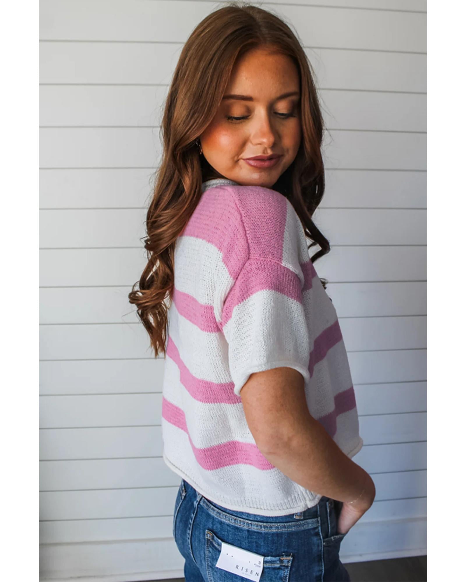 Pink Stripe Dropped Short Sleeve Lightweight Knitted Top - XL 5