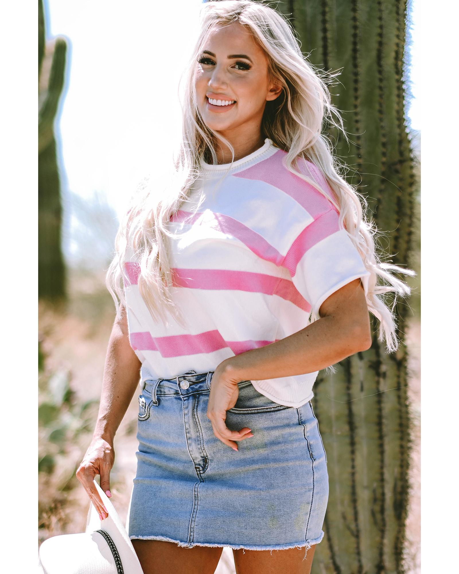 Pink Stripe Dropped Short Sleeve Lightweight Knitted Top - XL 7