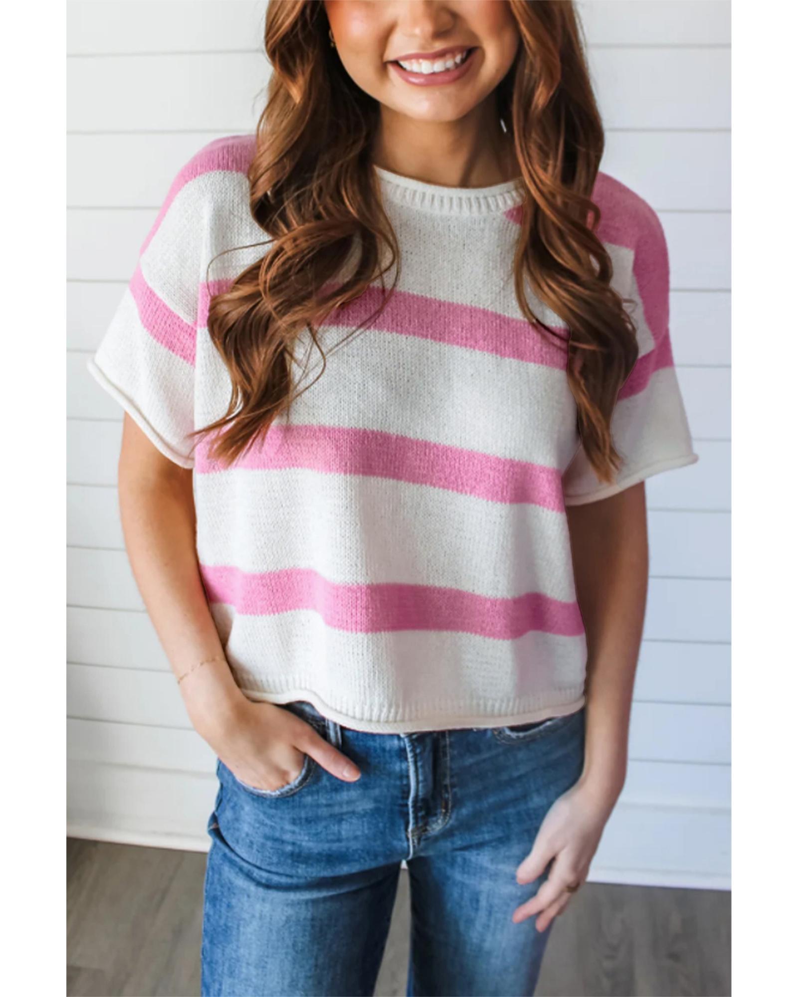 Pink Stripe Dropped Short Sleeve Lightweight Knitted Top - XL 8