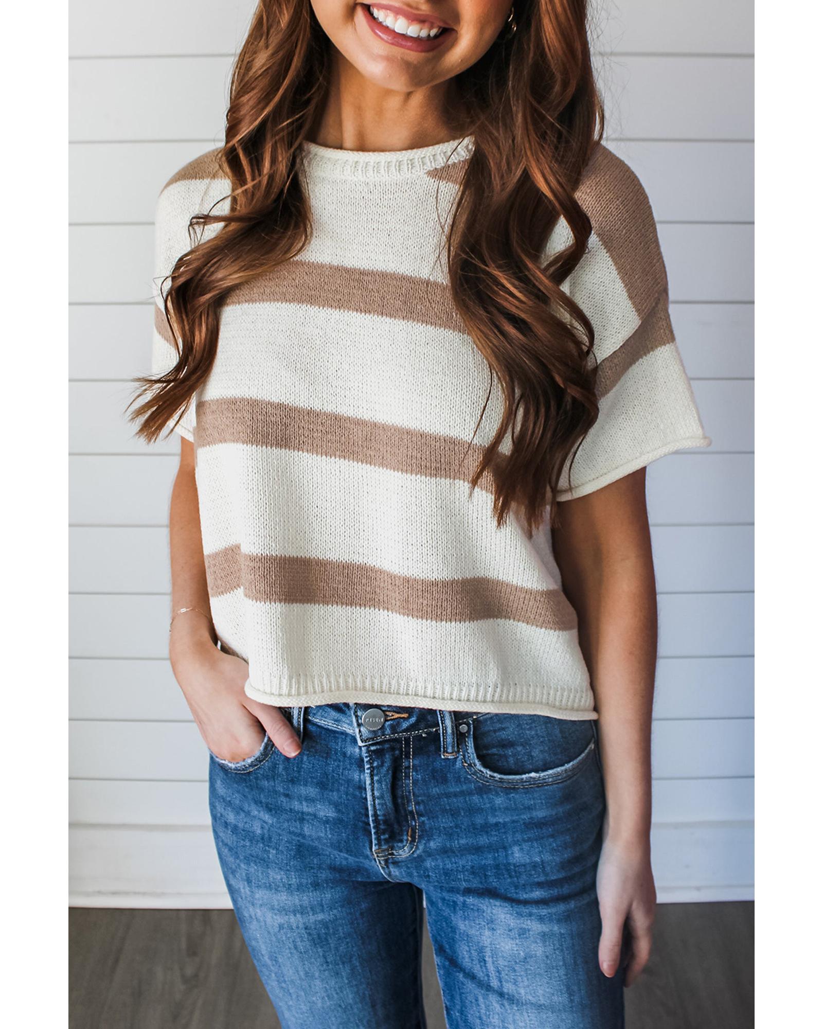 Khaki Stripe Dropped Short Sleeve Lightweight Knitted Top - L 3