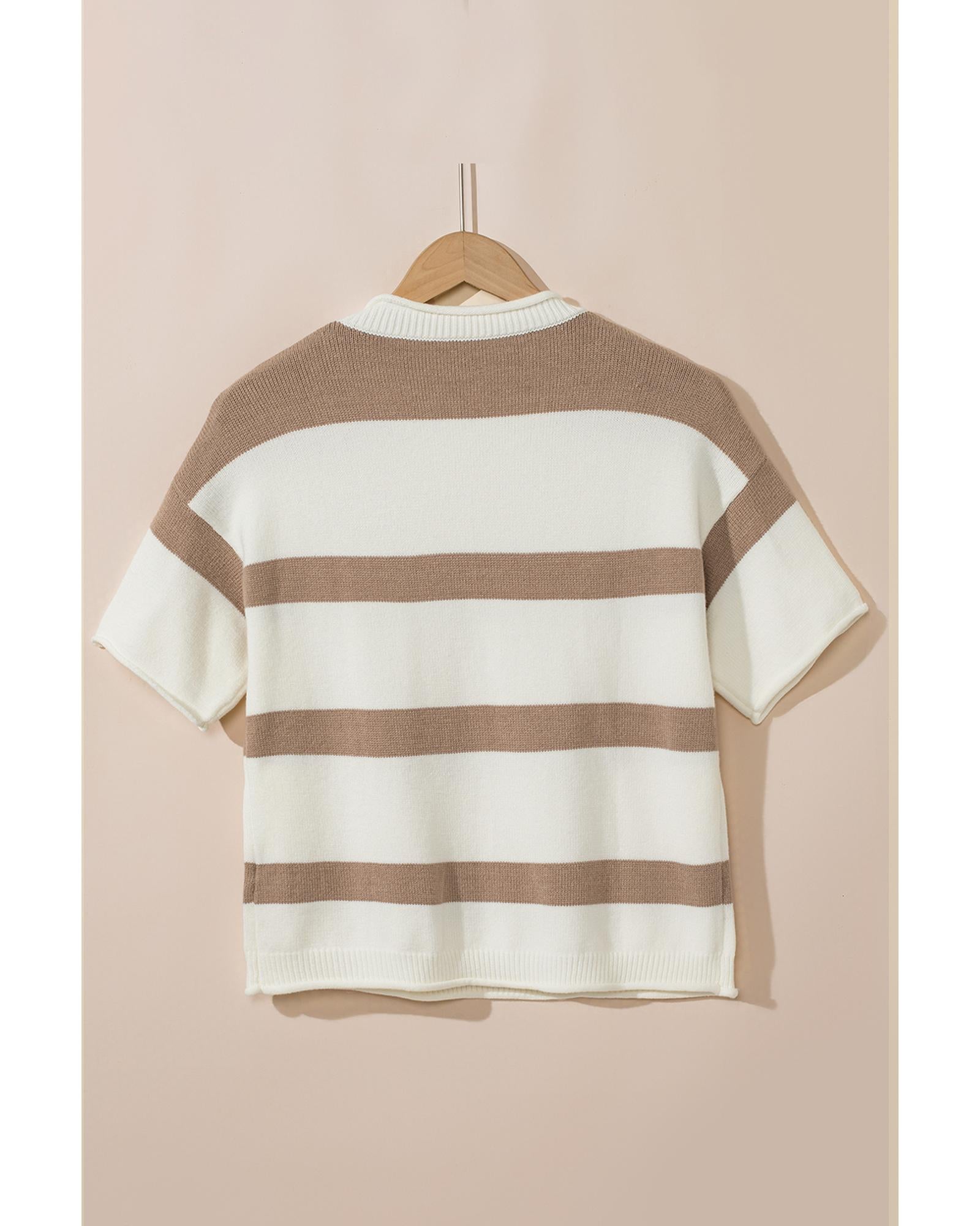 Khaki Stripe Dropped Short Sleeve Lightweight Knitted Top - L 4